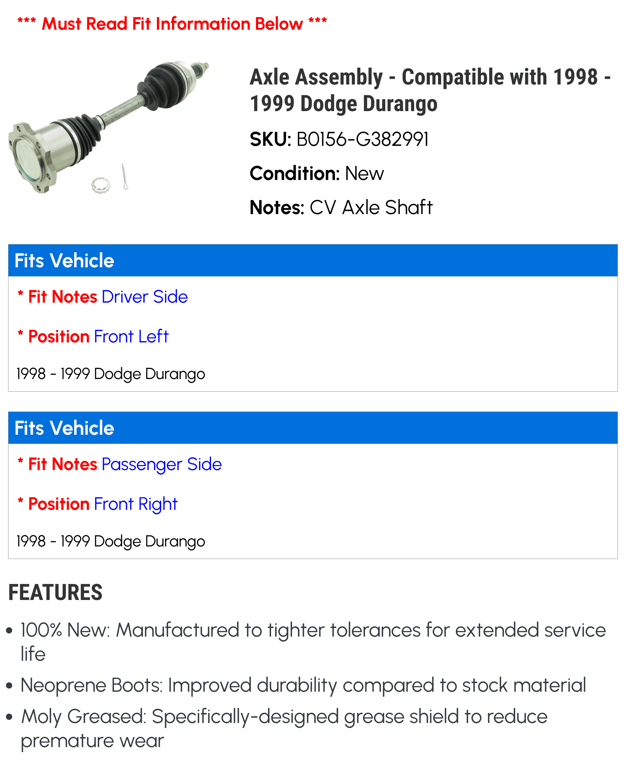Axle Assembly - Compatible with 1998 - 1999 Dodge Durango