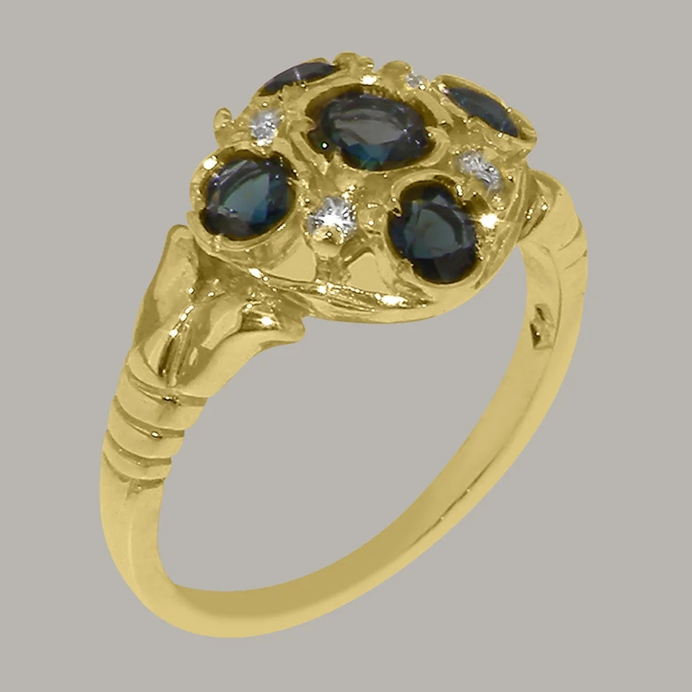 LBG British Made 14k Yellow Gold Natural London Blue Topaz & Diamond Womens Statement Ring - 33 size options - Size 10