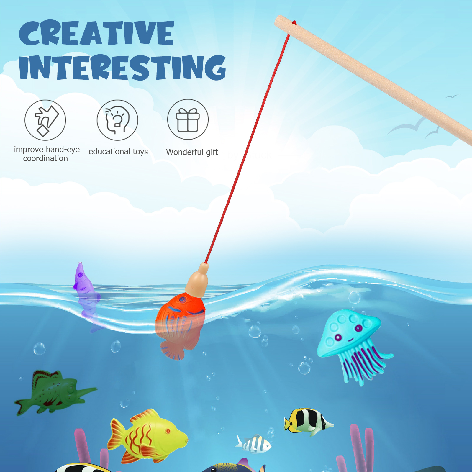 Frcolor 12 Pcs Wood Magnetism Fishing Rods Wooden Fishing Poles for Kindergarten Toddlers Kids