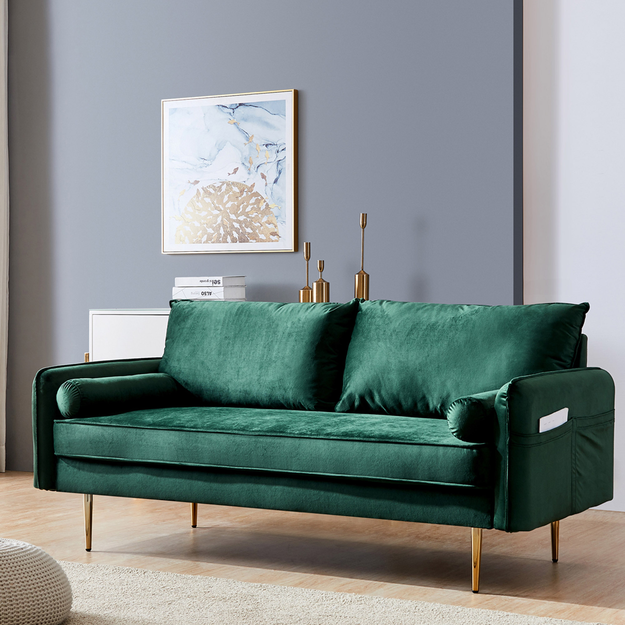 Velvet Fabric Sofa With Pocket-71‘’Green