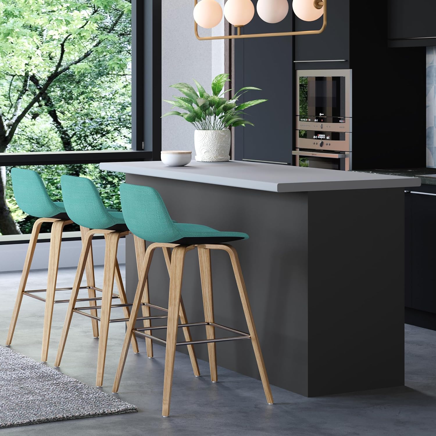 Randolph 26 Inch Century Modern Bentwood Counter Height Stool (Set Of 2) In Aqua Blue Linen Look Fabric, For The Dining Room And Kitchen