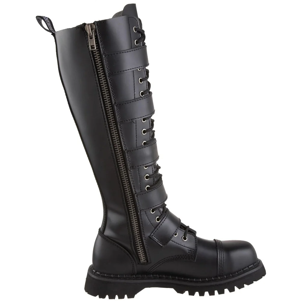 Riot-20, 20 Eyelet 5 Strap Steel Toe Blk Leather Knee Boot