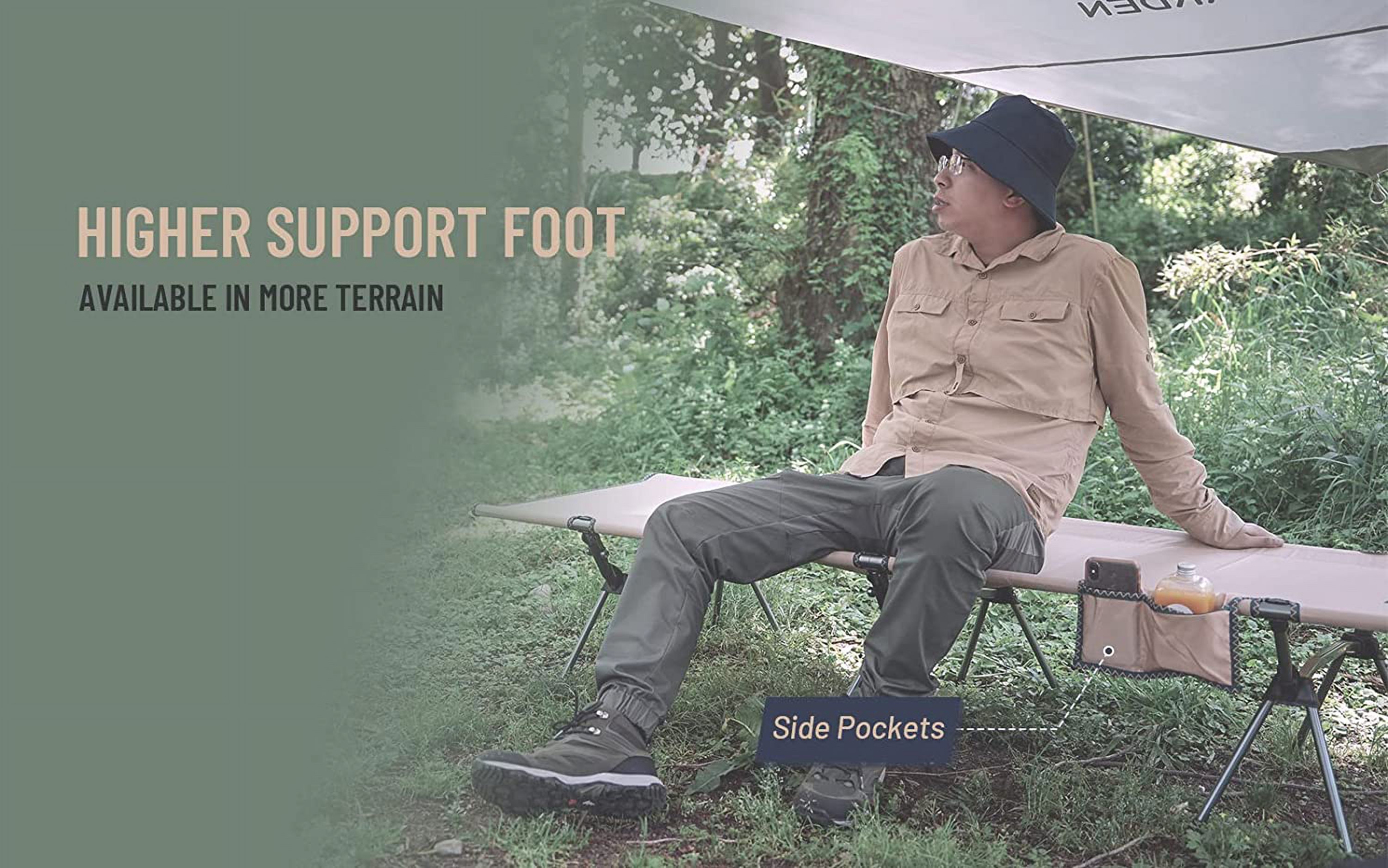 Foldable High/Low 2 Modes Camping Cot with Side Pocket, Extend Legs, Storage Bag, Ultralight & Durable Backpacking Travel Tent Cot, Easy to use for Woman & Man