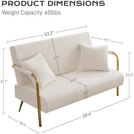 LLBIULife Modern Velvet Loveseat Sofa  Upholstered Pleated Velvet Couch  Mid Century 2 Seater Couch with Gold Metal Legs  Comfy Love Seat Small Couches for Living Room  Small Spaces (Oran