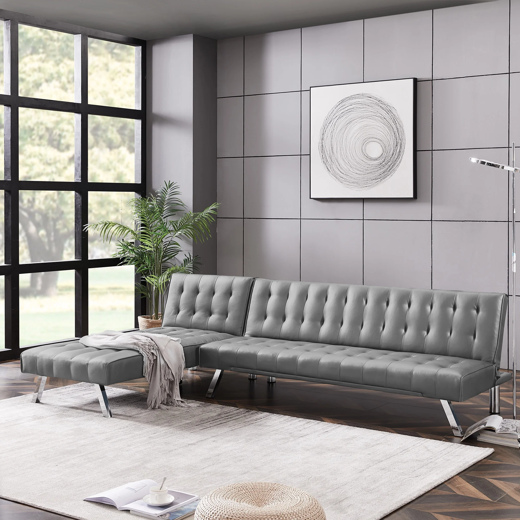 Reversible Sectional Sofa Sleeper Grey Pu With Metal Legs