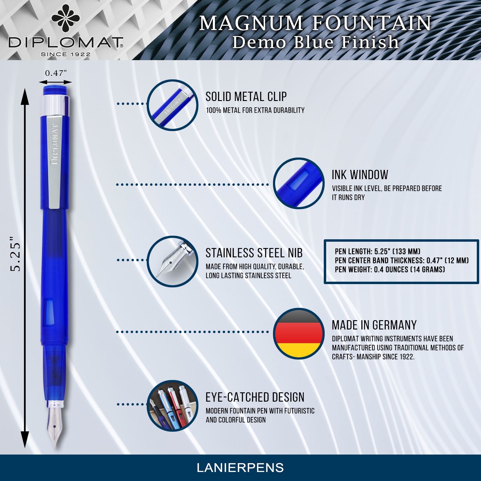 Diplomat Magnum Fountain Pen - Demo Blue, With Medium Nib