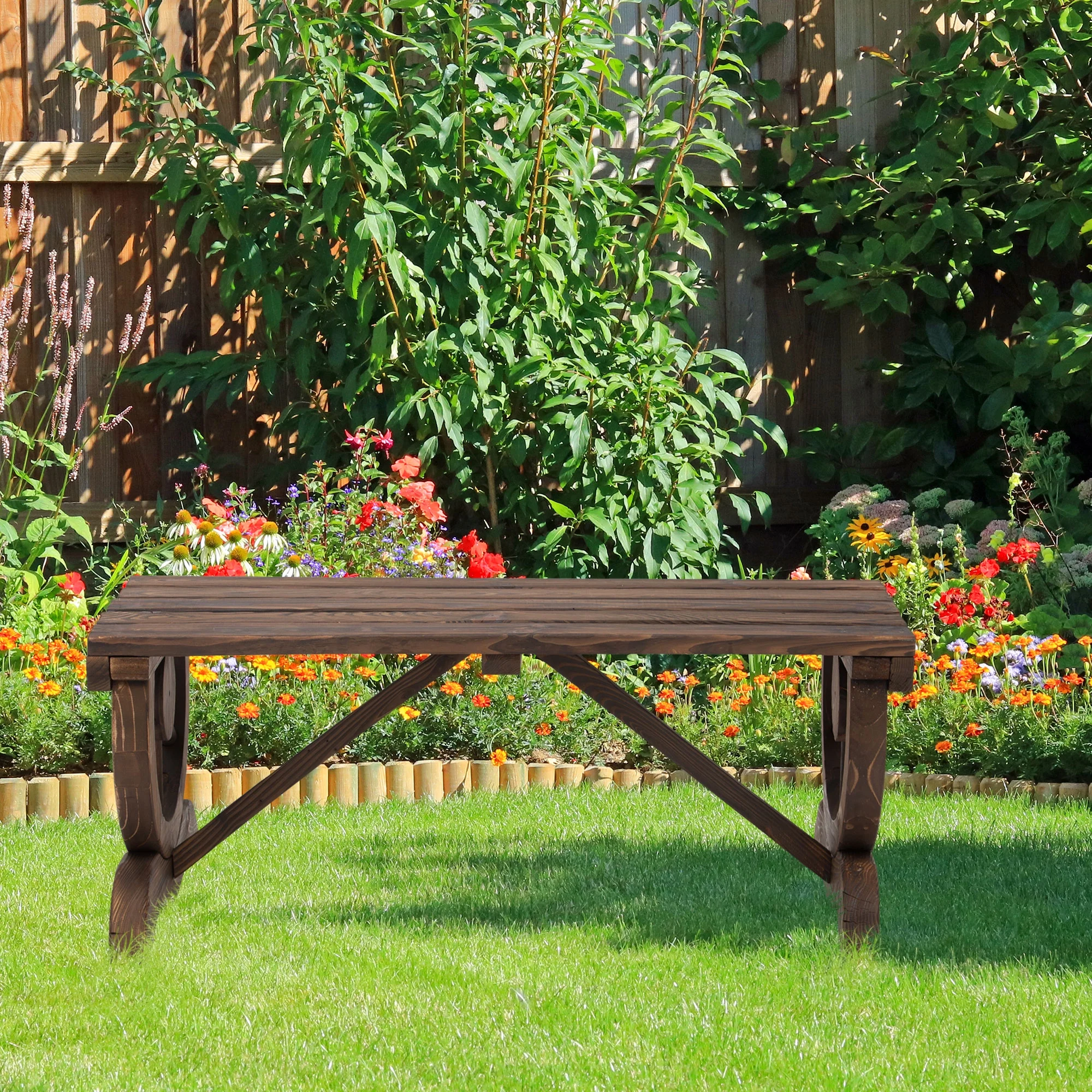 Outsunny 2-Person Wood Outdoor Garden Bench w/ Wagon Wheel Leg Design