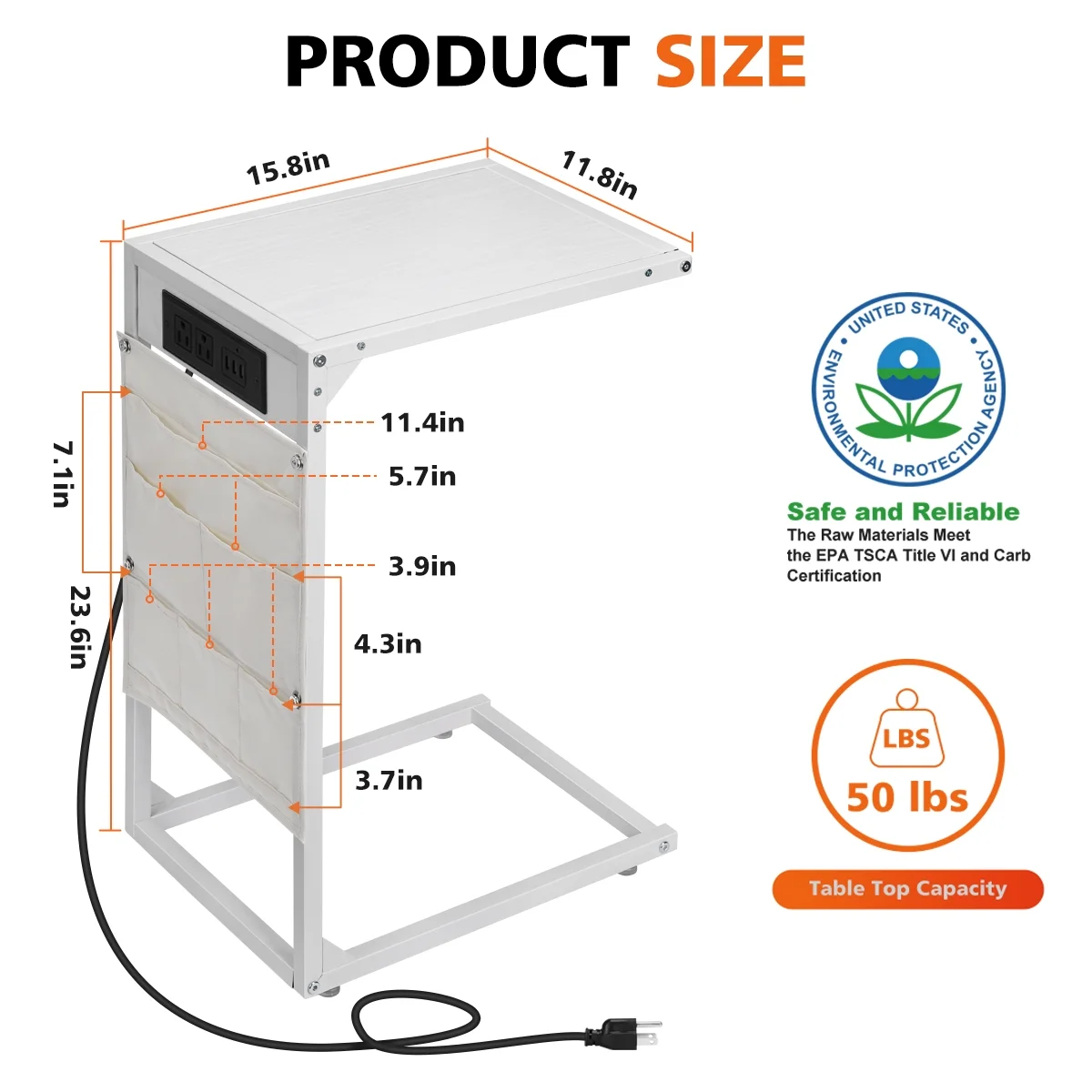 Set of 2 C Shaped Side Tables with Charging Station, Snack Side Table, Sofa C Table, Slide Under Sofa Table, for Living Room, Bedroom, White
