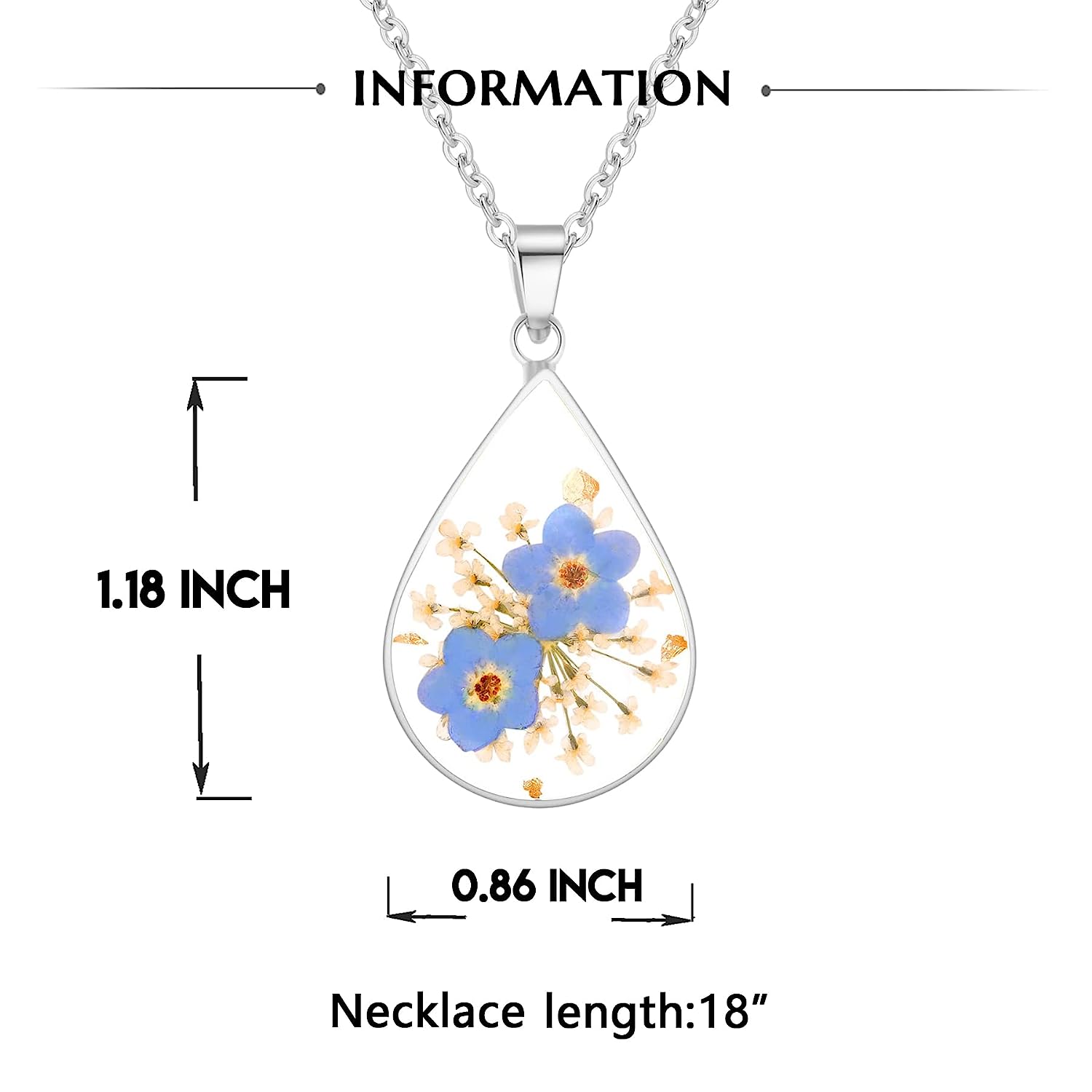 Forget-Me-Not And Queen Anne'S Lace Pressed Flower Necklace Silvery Pressed Flower Teardrop Necklace Dried Flowers Drop Dangle Necklace For Women Girls Personalized Handmade Jewelry Necklace Gift 18”…