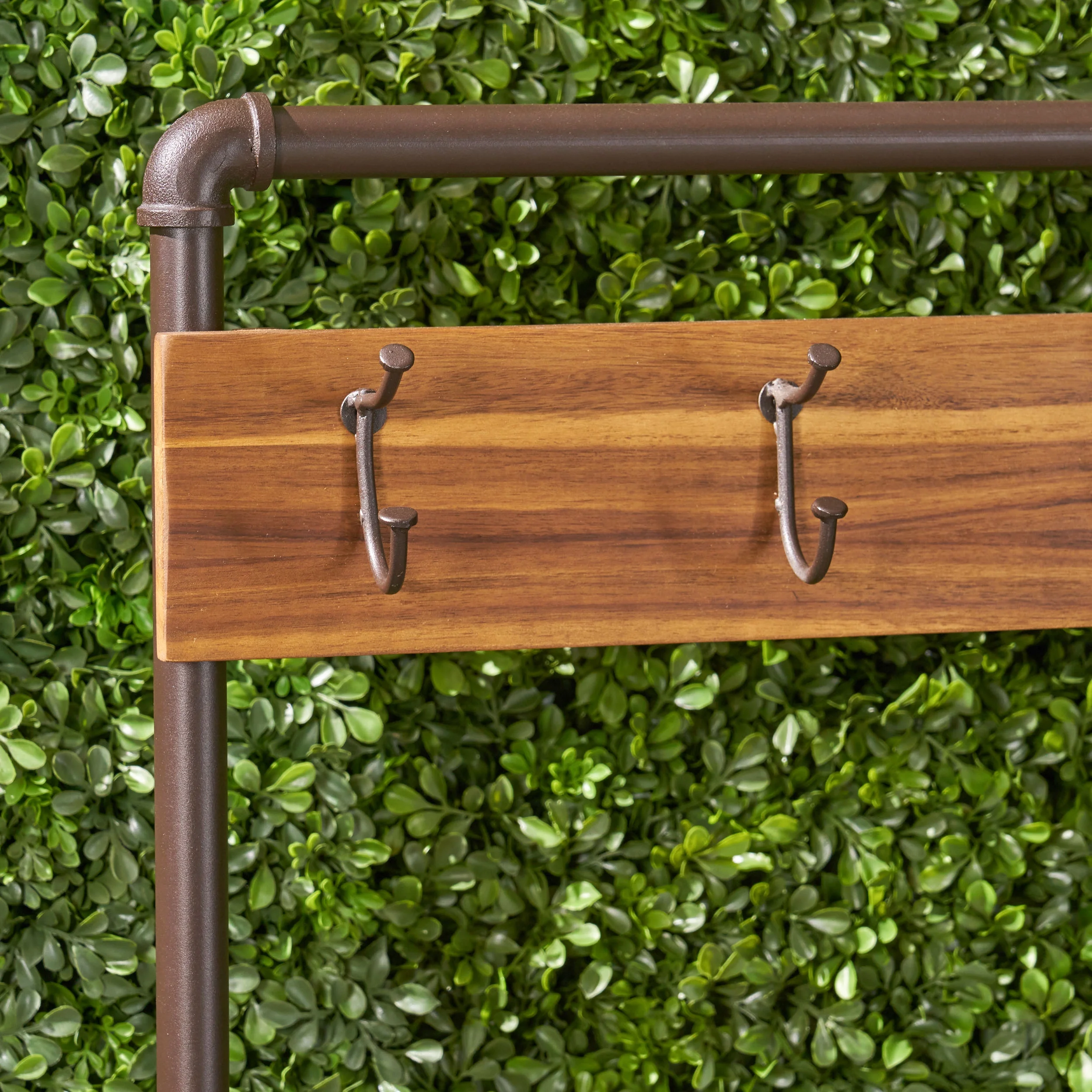 Chelsea Outdoor Industrial Acacia Wood and Iron Bench with Shelf and Coat Hooks, Teak