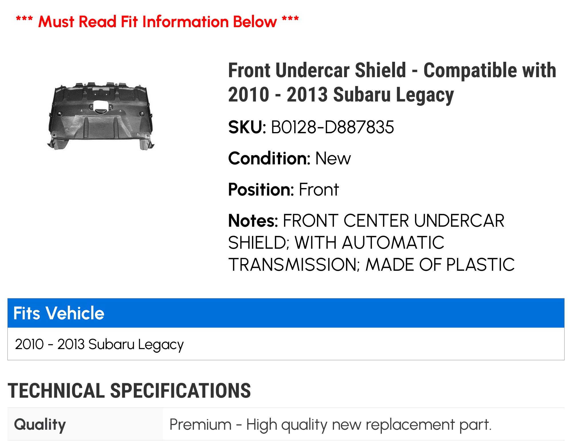 Front Undercar Shield - Compatible with 2010 - 2013 Subaru Legacy 2011 2012