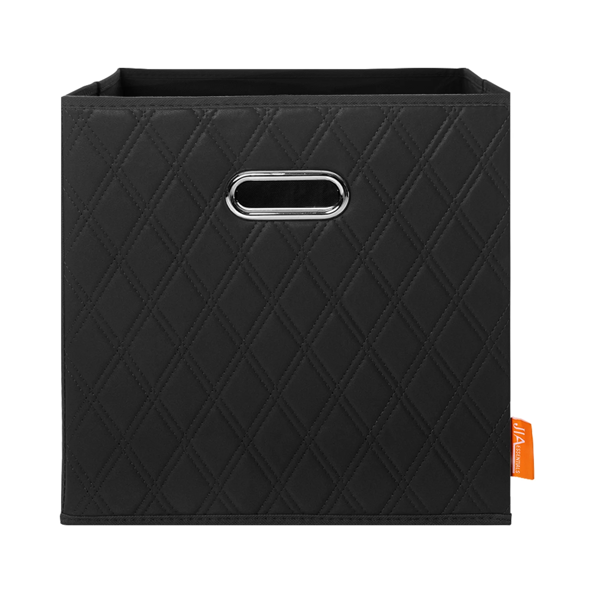 JIAessentials Small 11-inch Black Foldable Diamond Patterned Faux Leather Storage Cube Bins Set of Four with Handles with Dual Handles for living room, bedroom and office storage