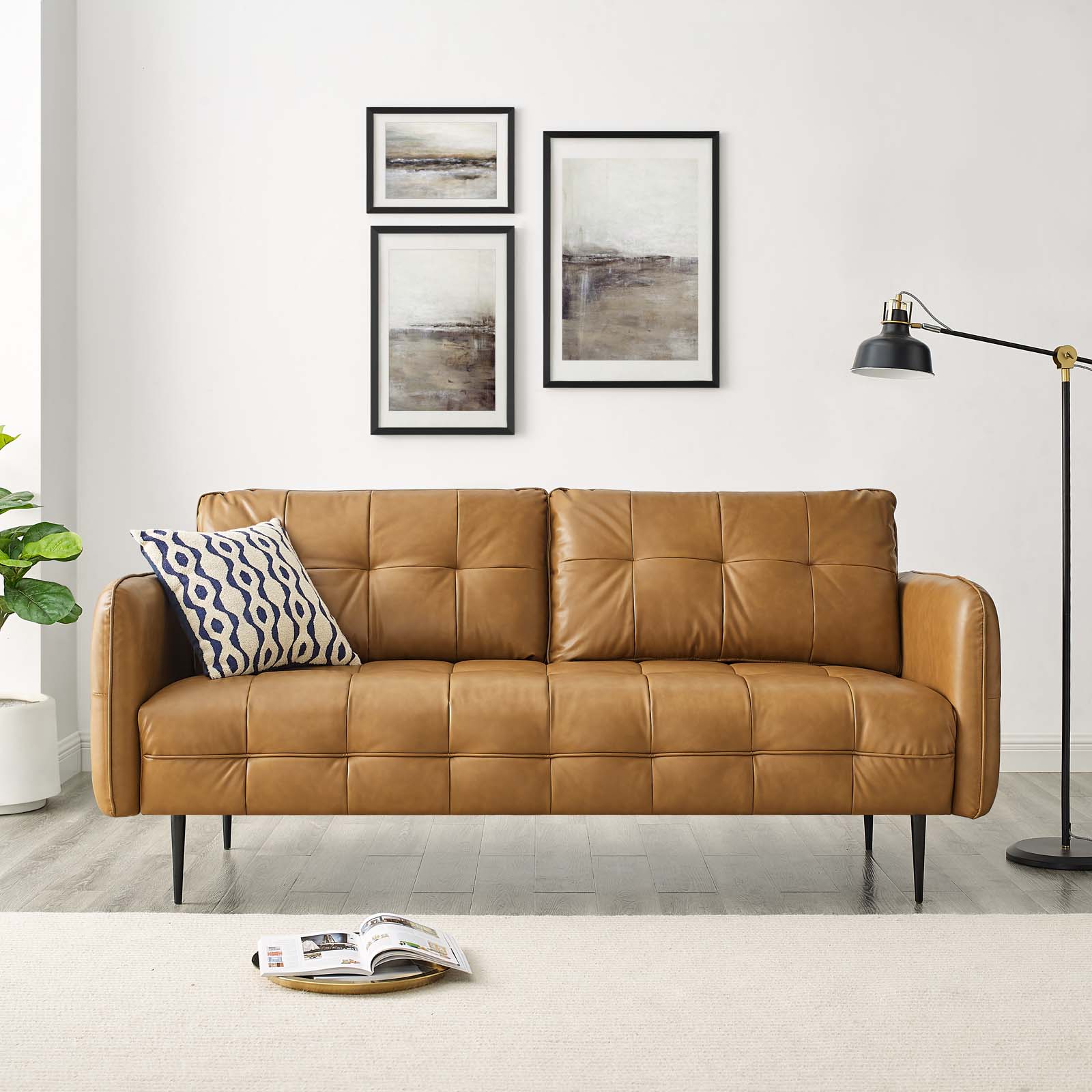 Tufted Sofa, Faux Vegan Leather, Tan, Modern Contemporary Urban Design, Living Lounge Room Hotel Lobby Hospitality