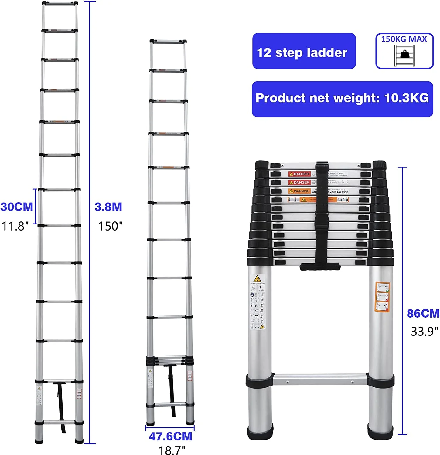 Telescoping Ladder 12FT Aluminum Telescoping Extension Ladder, Collapsible Ladder Attic Ladder Rv Ladder, Portable Telescopic Ladder for Outdoor Working & Household Use, Folding Ladder 330lb Capacity
