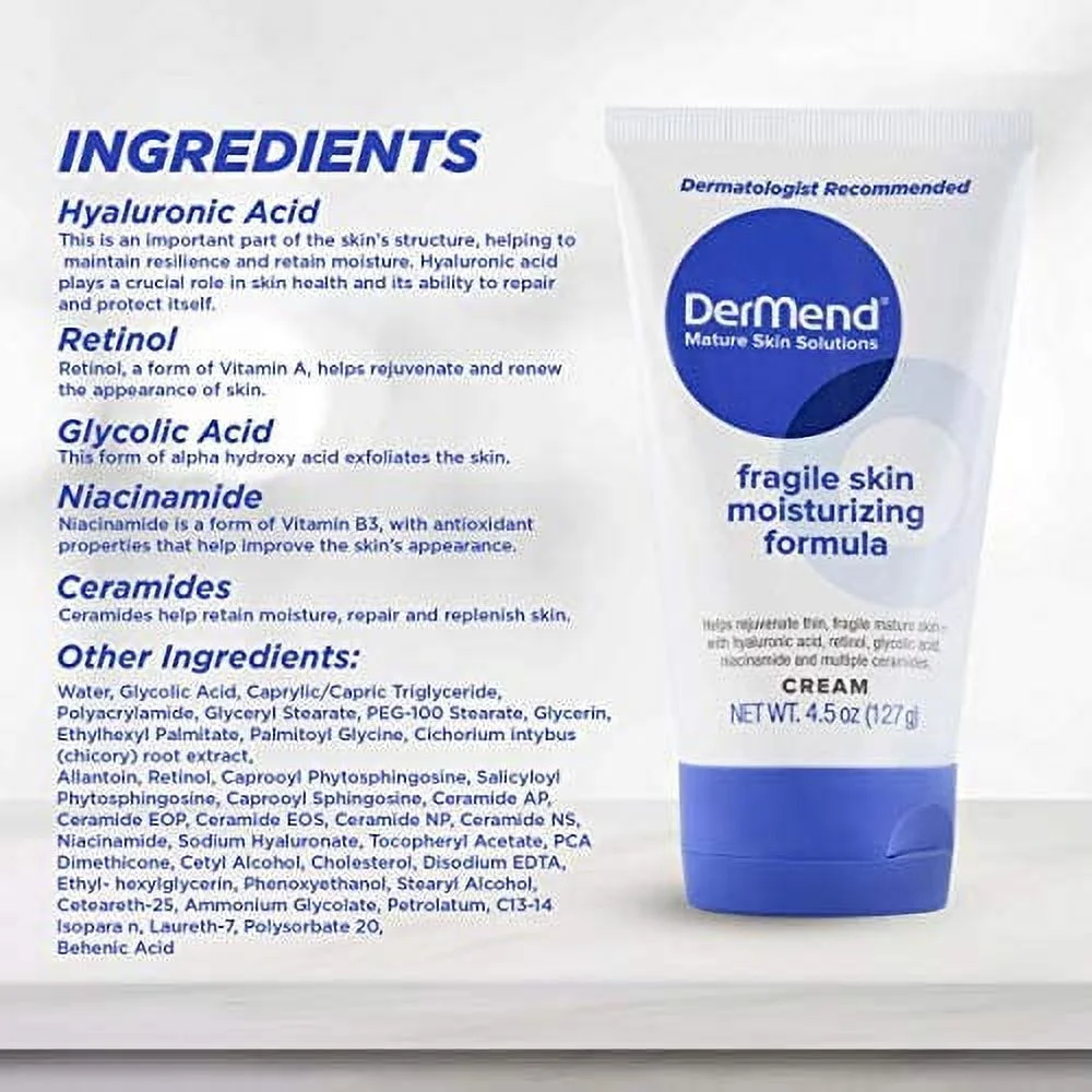 DerMend Specialized Fragile Skin Moisturizing Cream: Formula to Restore & Rejuvenate Mature Skin - Daily Moisturizer & Anti Wrinkle Cream for Firming & Strengthening Thin, Aging Skin - 4.5 Oz Tube