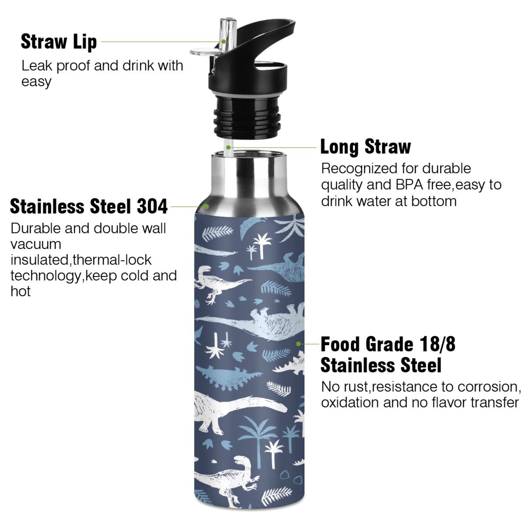 Water Bottle with Straw Lid Leak Blue Dinosaur Stainless Steel Insulated Thermos Vacuum Flask for Cold Hot Drinking for Sports Camping Gym Yoga