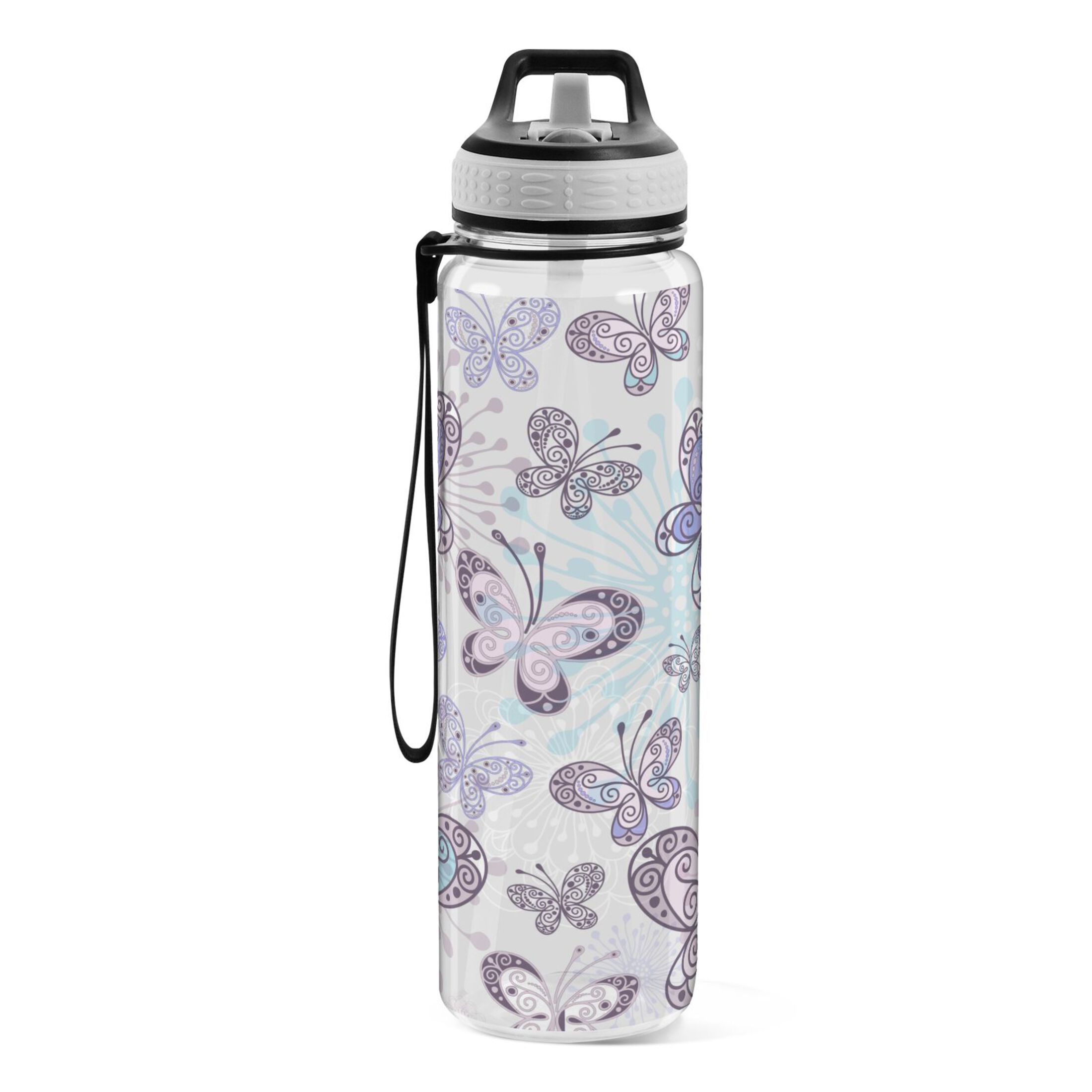 Purple Butterfly 32oz Sports Water Bottles Leakproof Tritan Bottle with Straw BPA Free Clear Bottle for Fitness Gym Outdoor Cycling