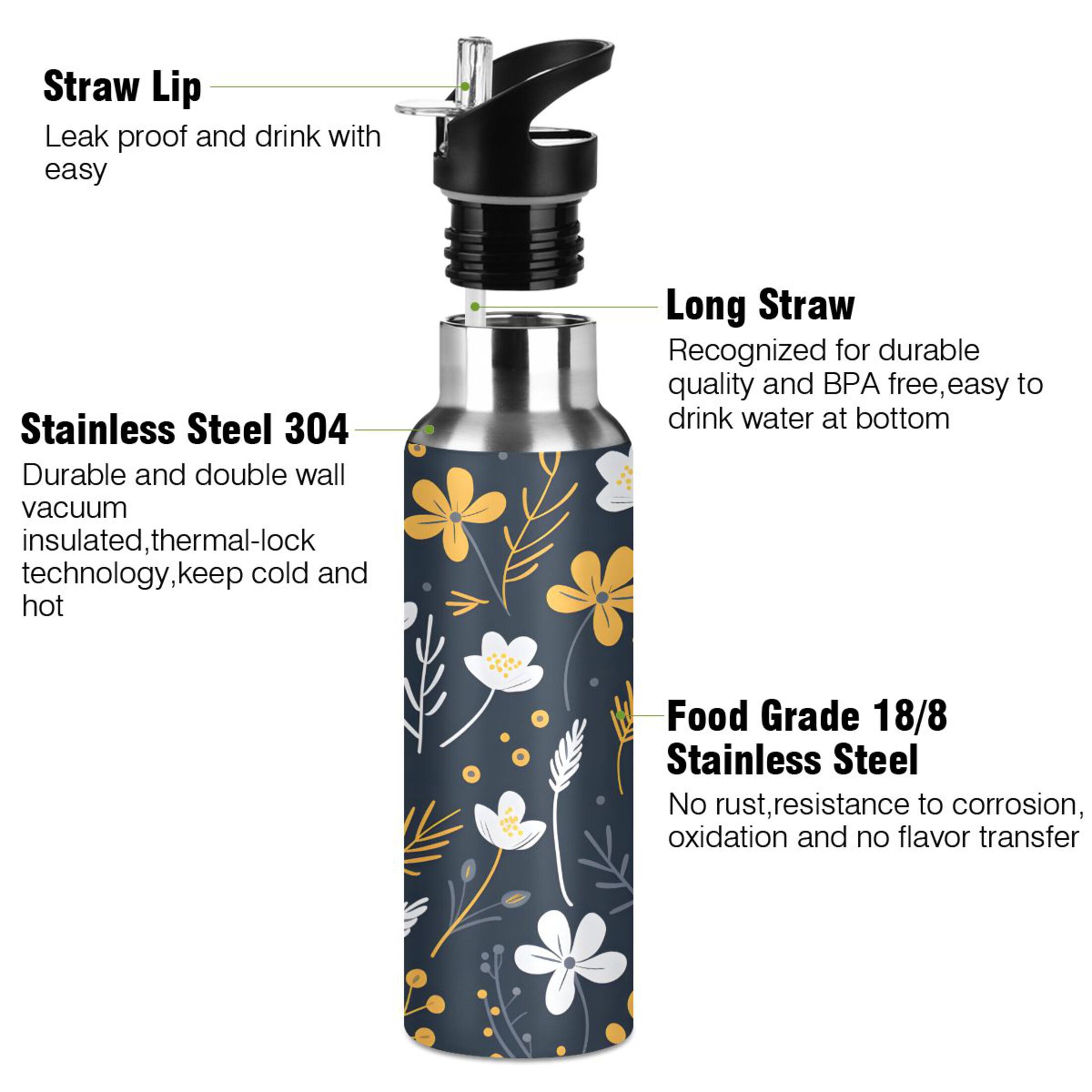 Water Bottle with Straw Lid Leak Flower Floral Leaves Stainless Steel Insulated Thermos Vacuum Flask for Cold Hot Drinking for Sports Camping Gym Yoga