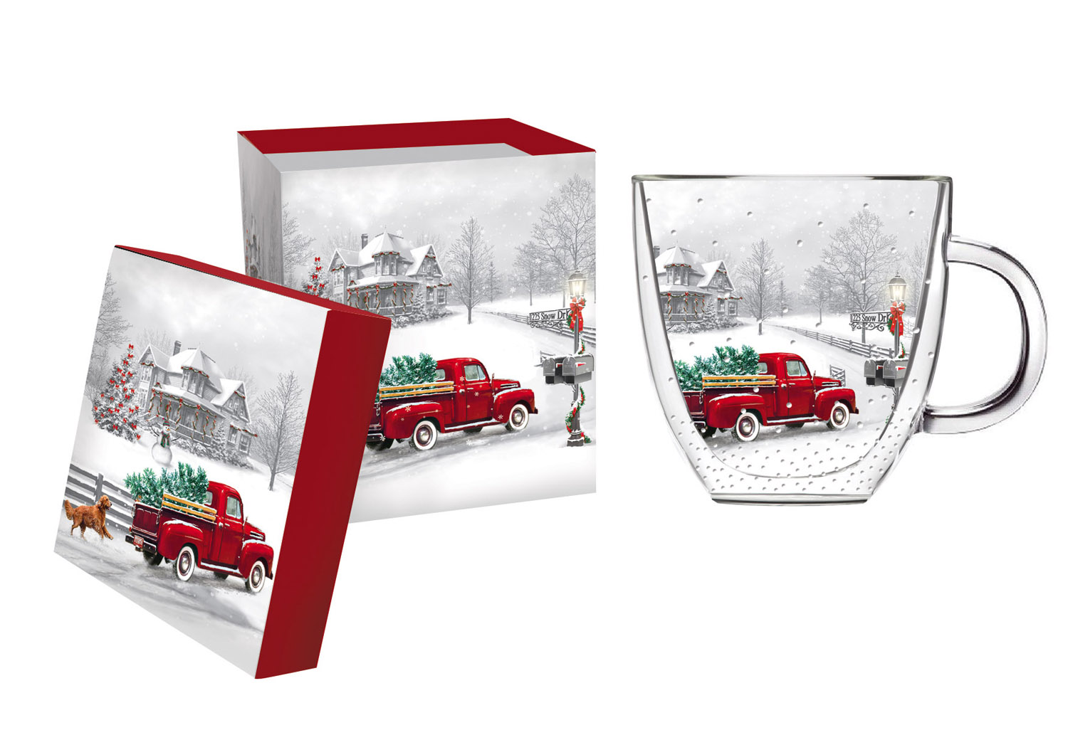 Cypress Double Wall Glass Cafe Cup, 12 oz., Winter Truck