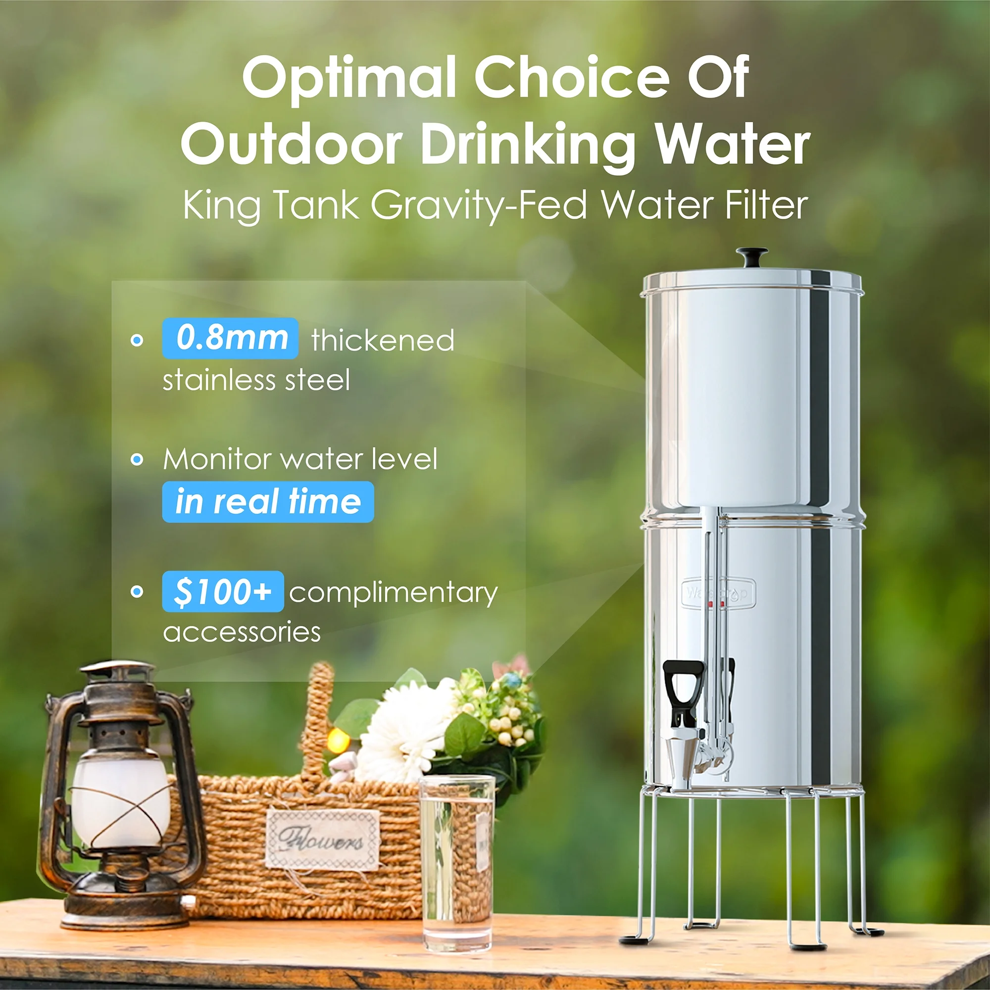 Waterdrop WD-TK-S Gravity-fed Water Filter System, 2.25-gallon Stainless-steel System,with 2 Filters,Metal Water Level Spigot and Stand, Reduces up to 98.95% of chlorine & Bad Taste-King Tank Series