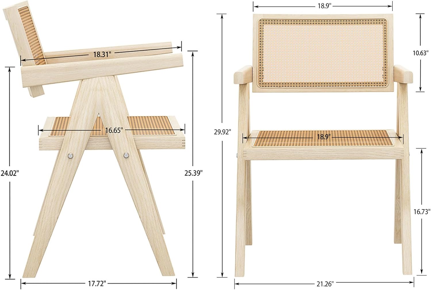 HBBOOMLIFE Rattan Dining Chair  Wooden Cane Dining Chair  Mid-Century Modern Rattan Back Chair with Armrests for Dining Room/Living Room (Ash Wood+ Natural Color)