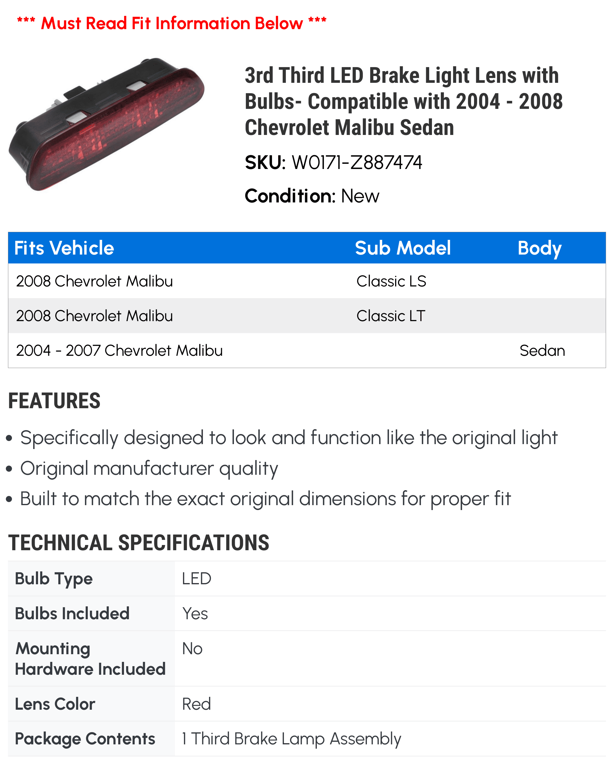 3rd Third LED Brake Light Lens with Bulbs- Compatible with 2004 - 2008 Chevy Malibu Sedan 2005 2006 2007