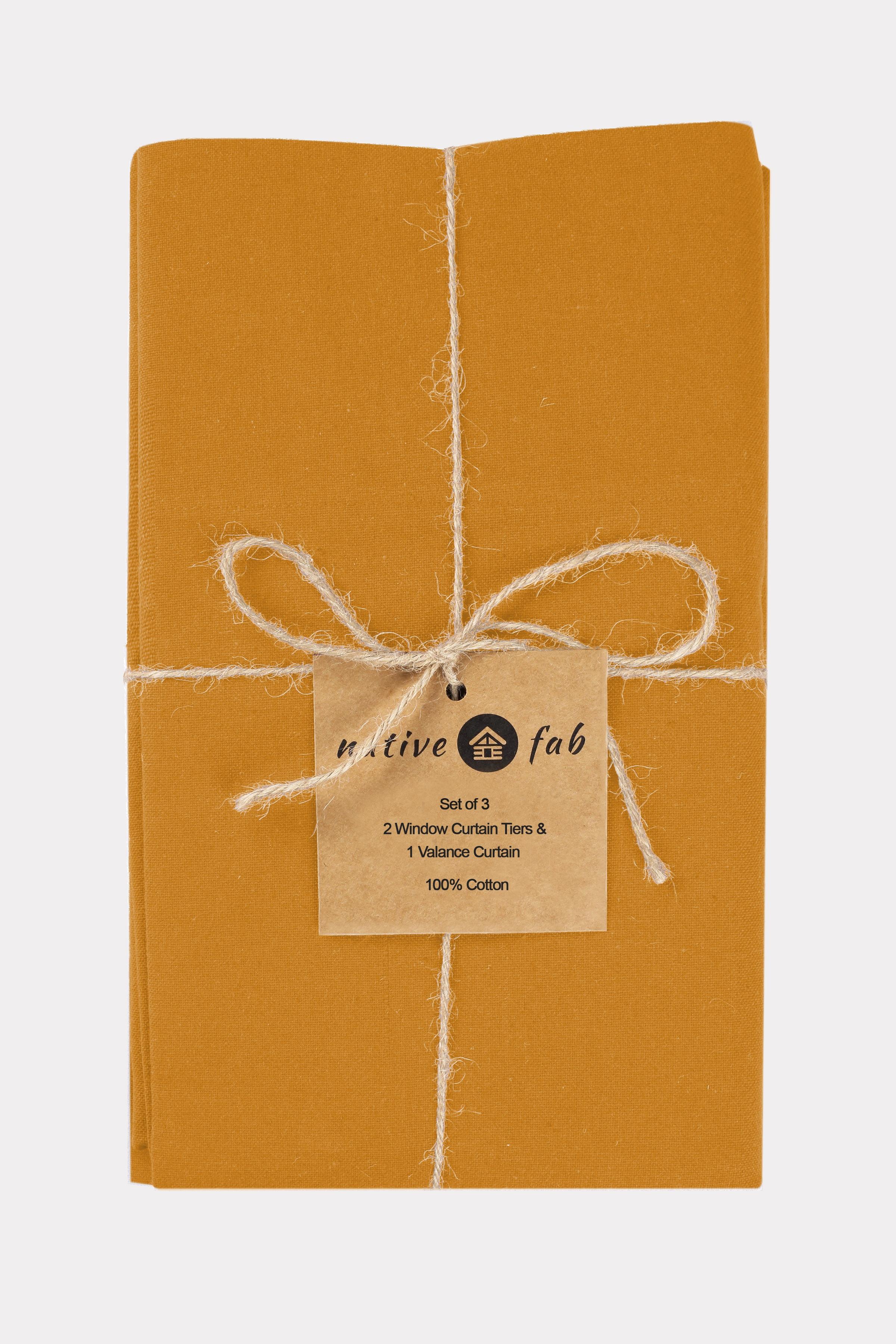 Native Fab 100% Cotton Kitchen Curtain Tiers Valance Set - Rod Pocket style 3 Pack - Mustard Yellow