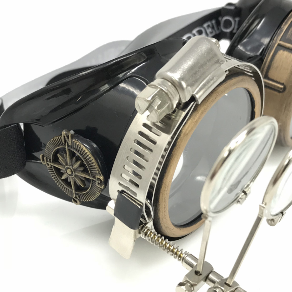 Steampunk Goggles Victorian Glasses Cosplay Halloween Costume Accessory with Jeweler's Eye Loupe double Clip on Eye Glasses by UMBRELLALABORATORY