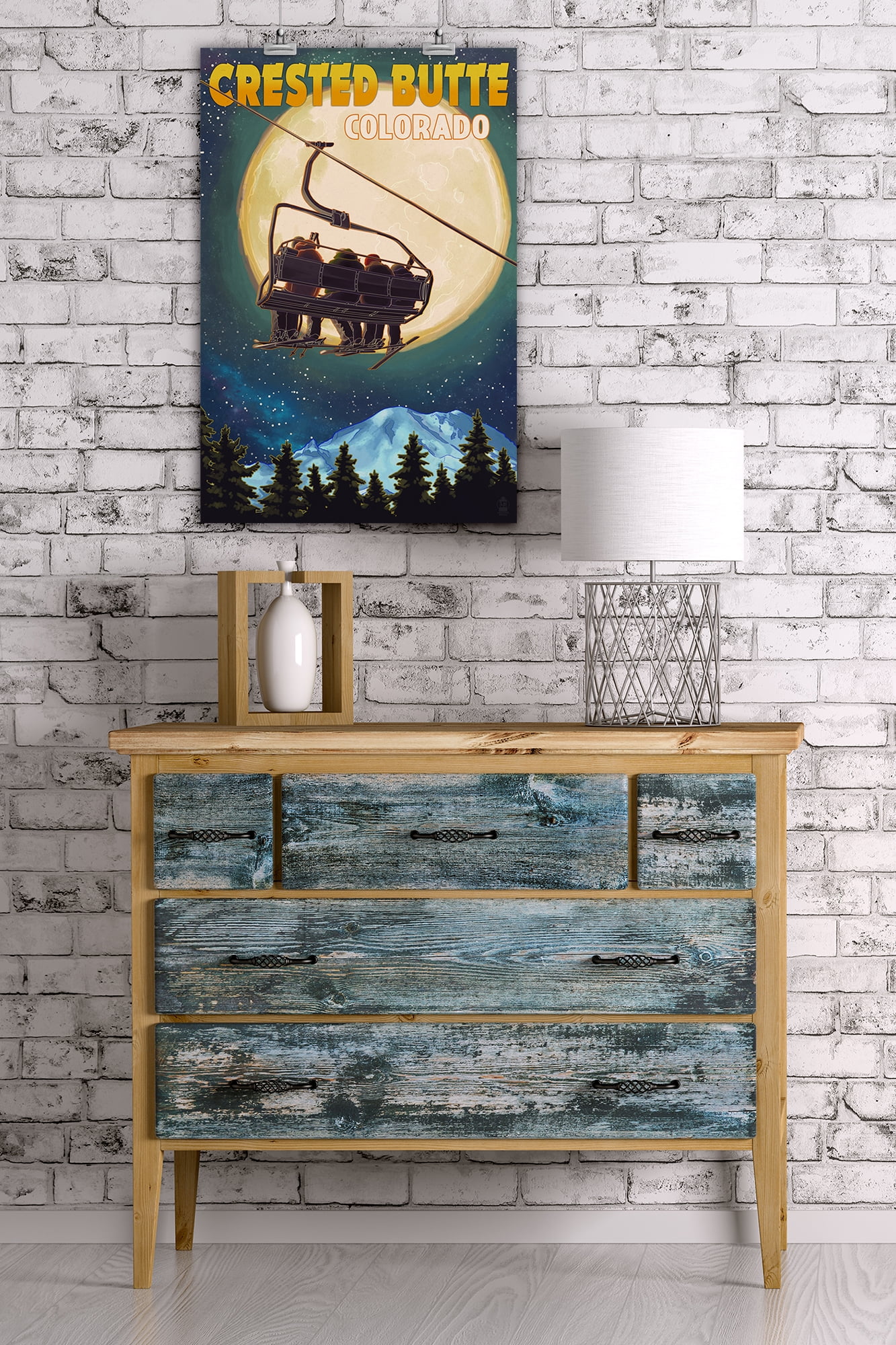 Crested Butte, Colorado - Ski Lift and Full Moon - Lantern Press Poster (16x24 Giclee Gallery Print, Wall Decor Travel Poster)