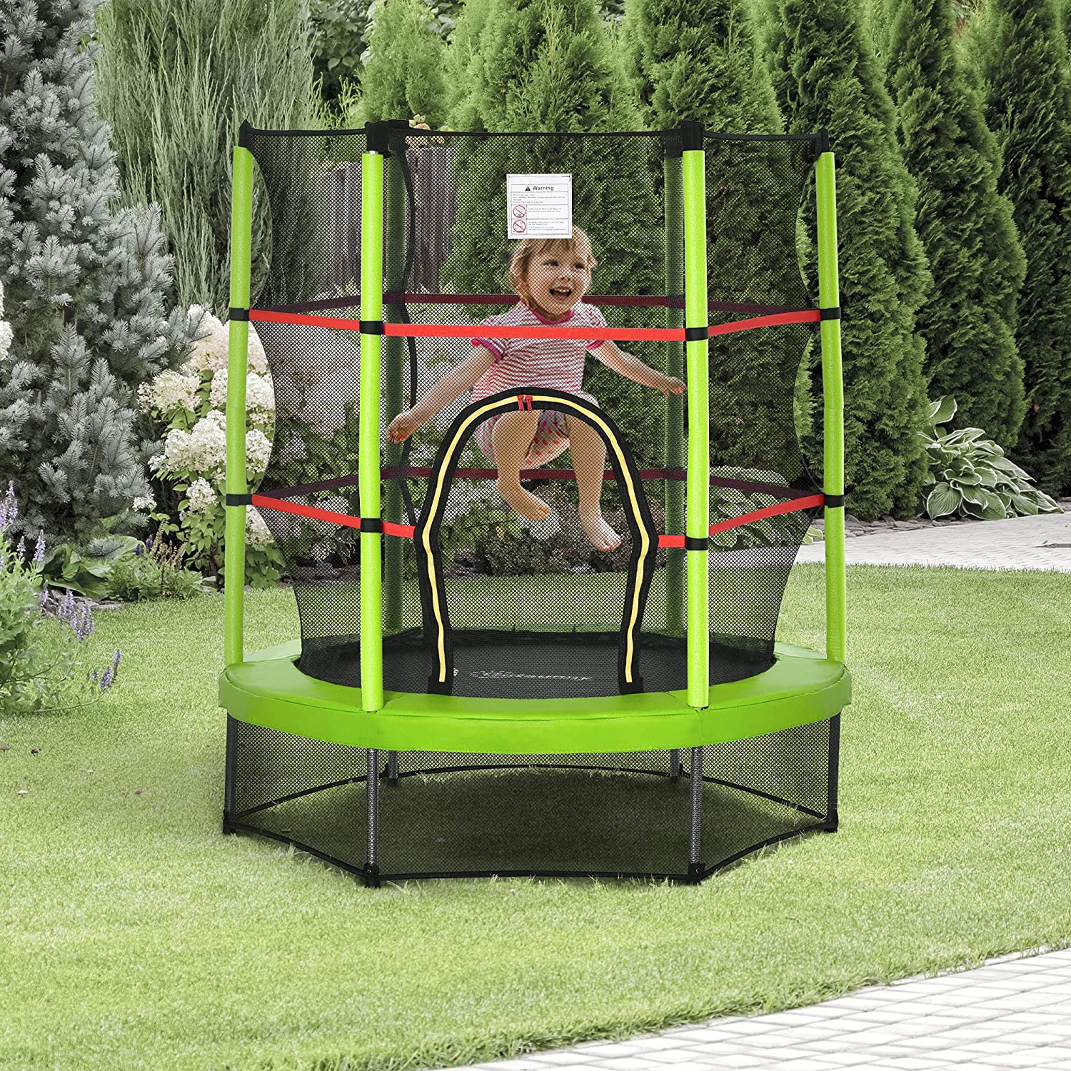 Outsunny Φ55 Kids Trampoline with Enclosure Net Steel Frame Indoor Round Bouncer Rebounder Age 3 to 6 Years Old