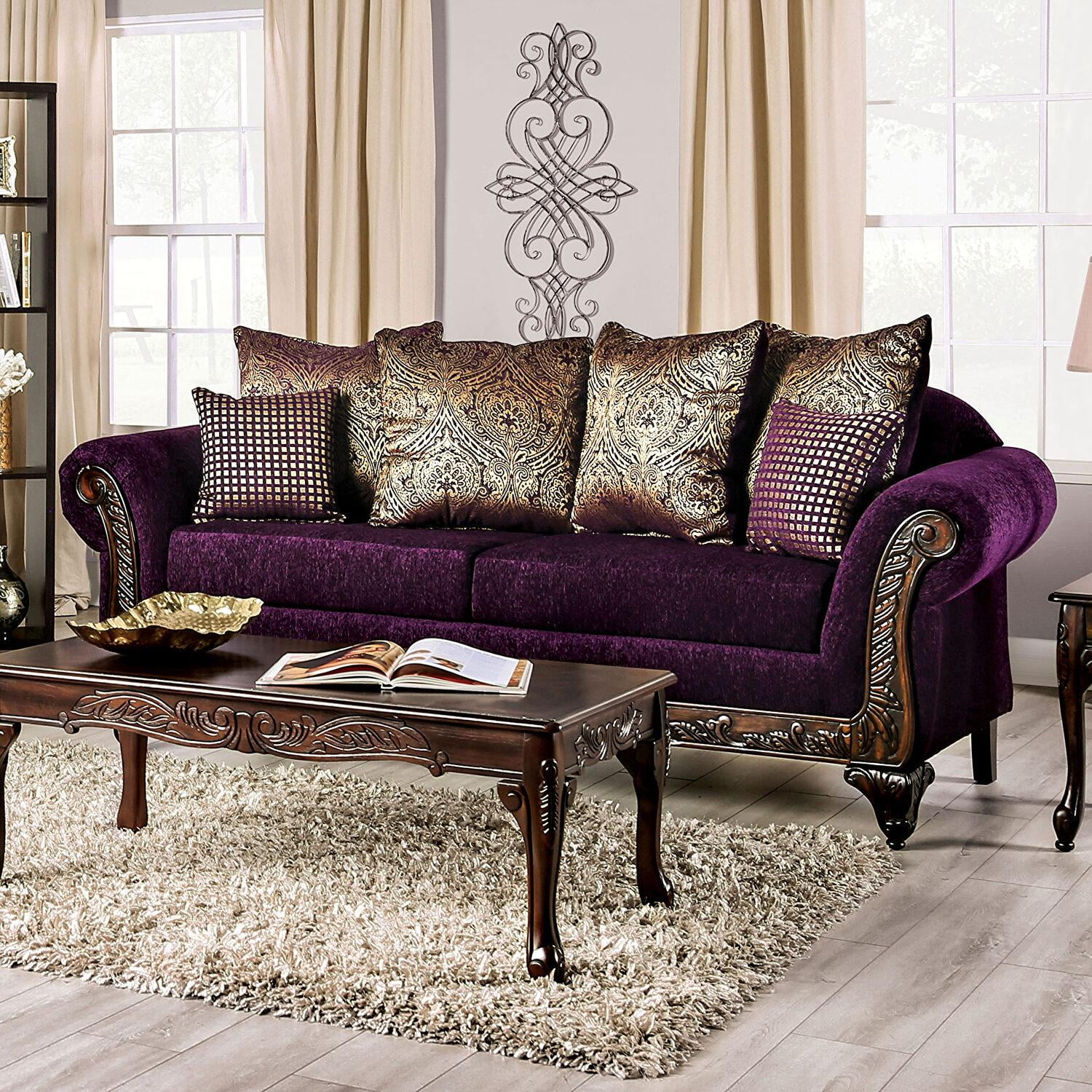 Traditional Purple Chenille Sofa and Loveseat FOA Casilda