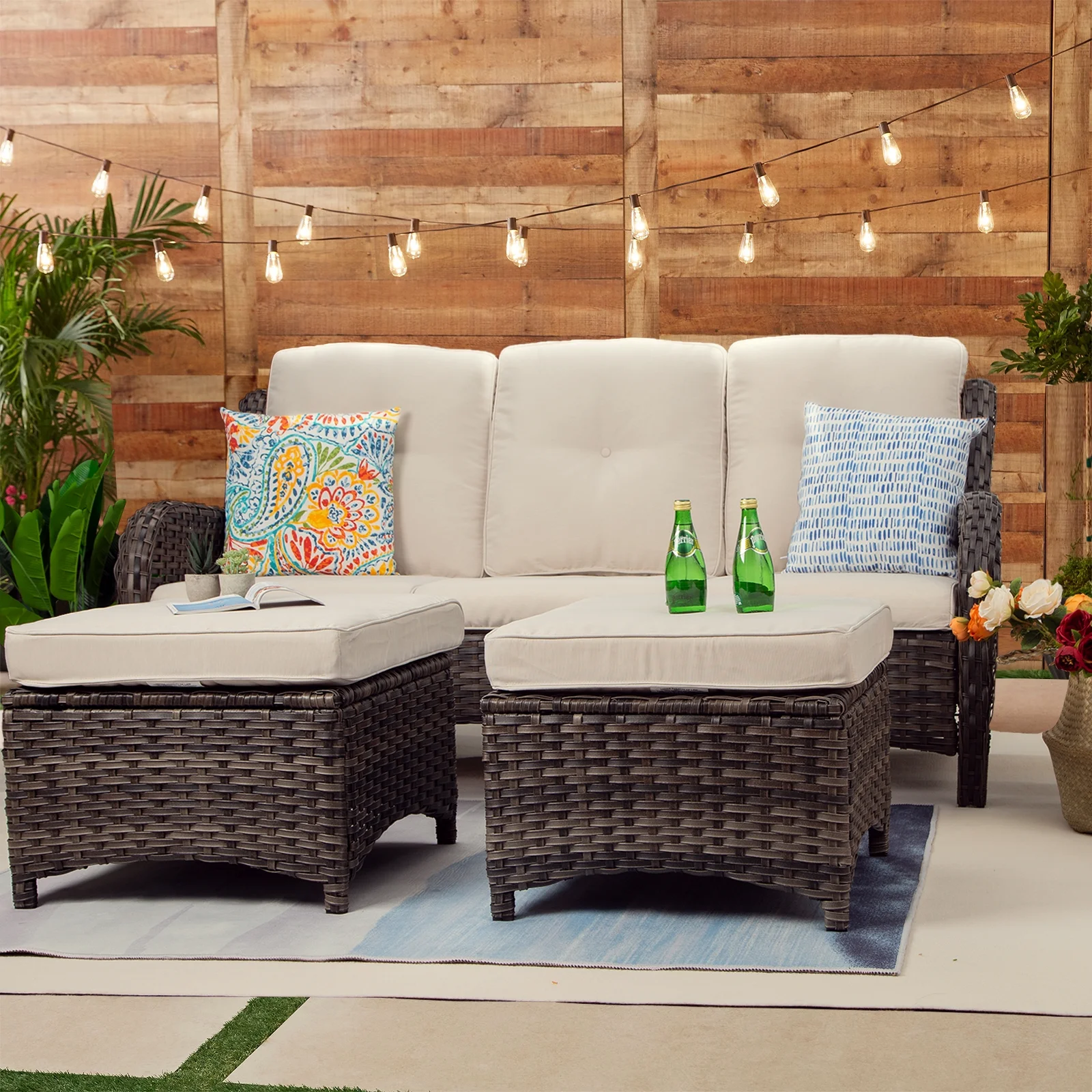 Meetleisure 3-Piece Wicker Outdoor Patio Sofa And Ottoman, Beige
