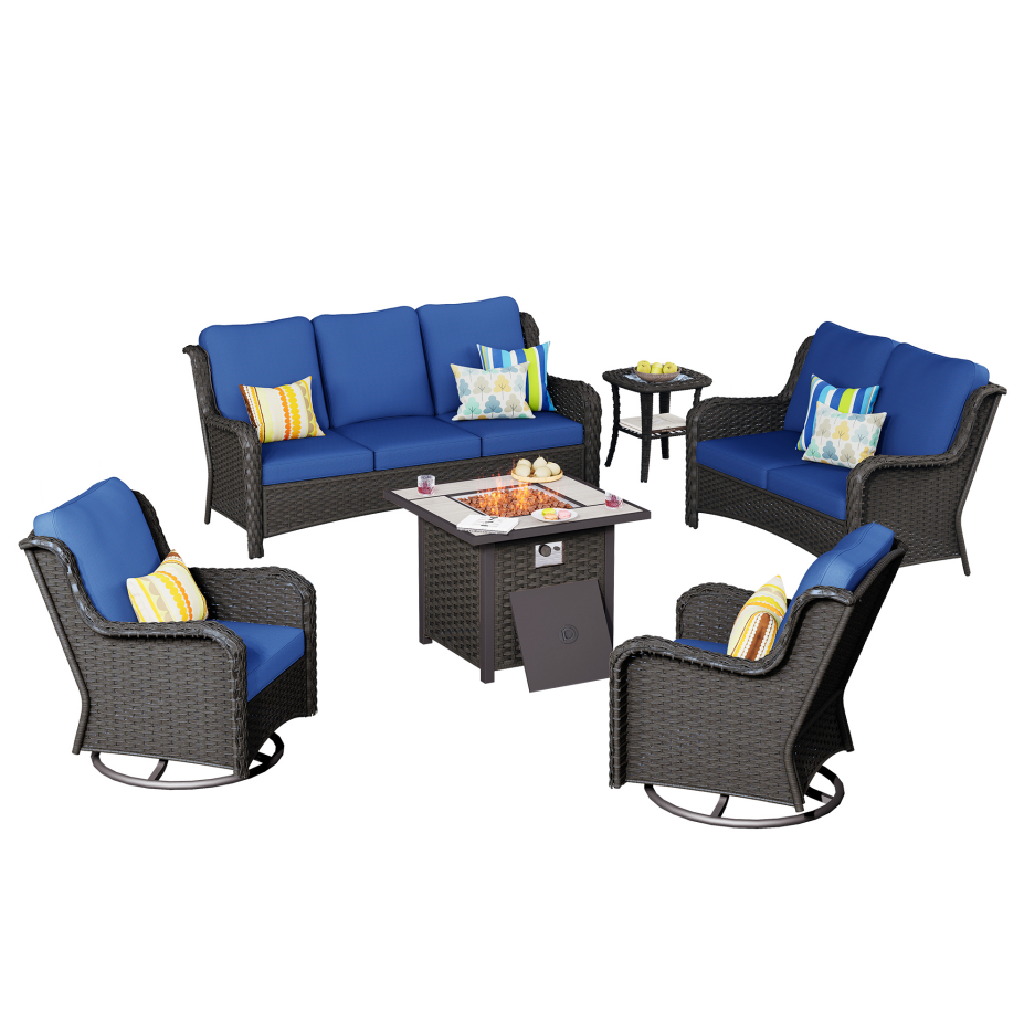 Vcatnet 6 Pieces Outdoor Patio Furniture Sectional Sofa All-weather Conversation Set with Swivel Rocking Chairs and Fire Pit Table for Garden,Poolside,Navy blue