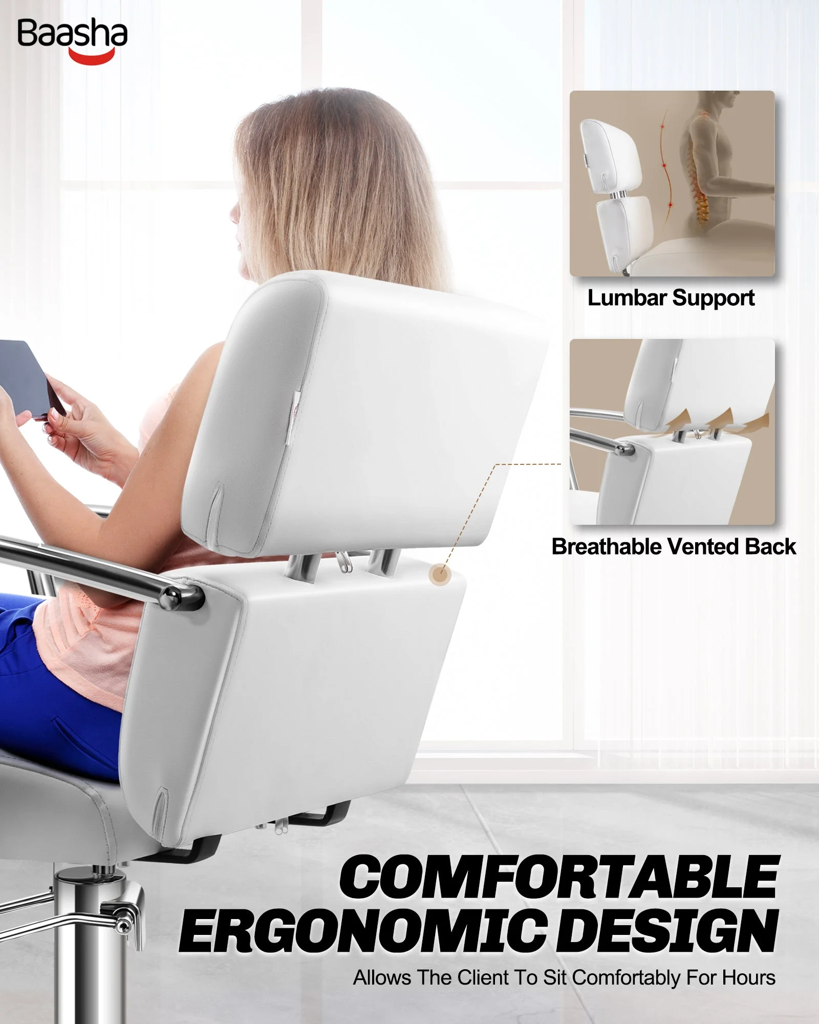 Baasha Salon Chair Beauty Barber Chair with Vented Back Design, Pink Hair Salon Chair, Stain Resistant Leather Beauty Spa Equipment Pink Salon Chair for Hair Stylist Women Man