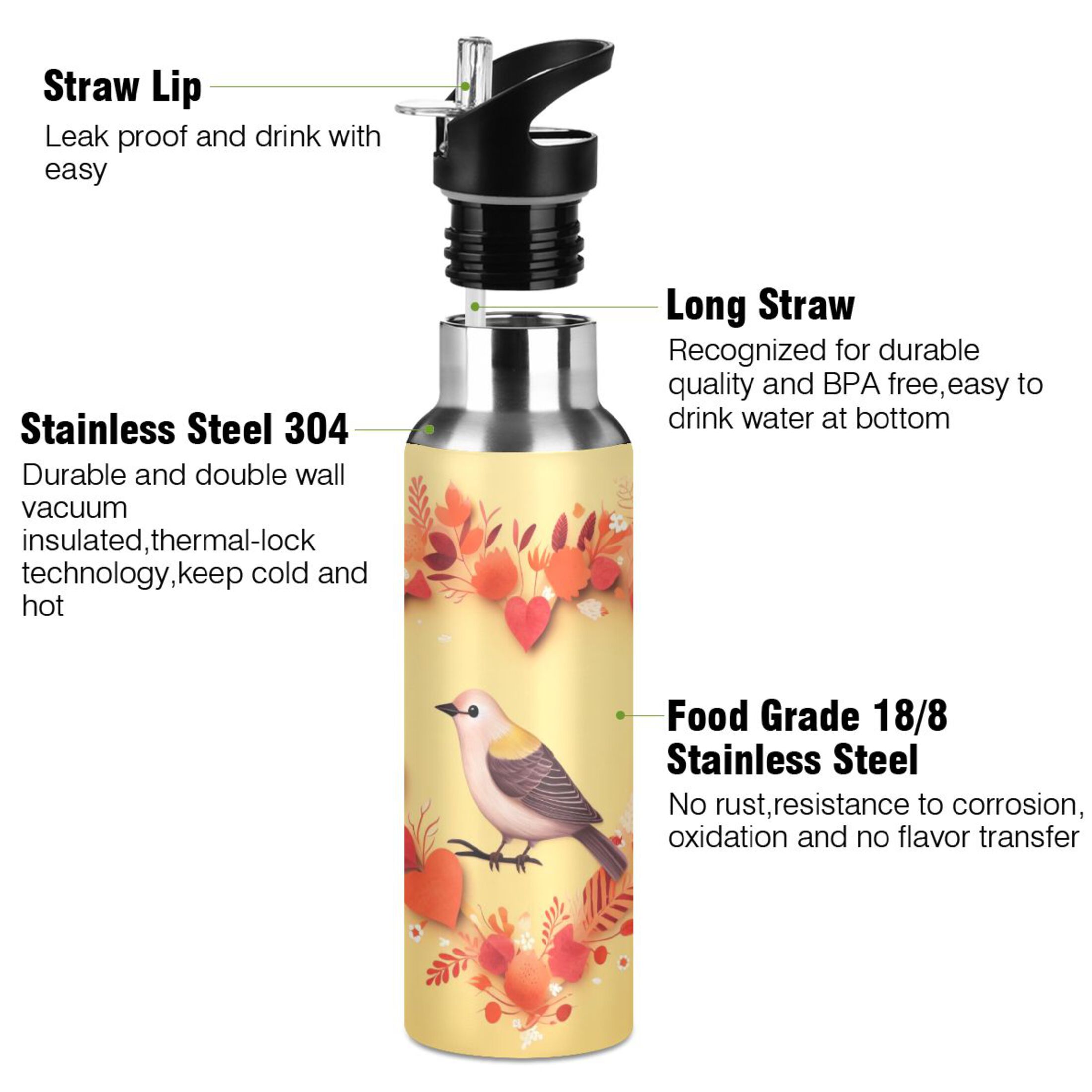 Bird in Heart Flowers Water Bottles Insulated Thermos Kids Stainless Steel Bottle with Straw Lid Flask Leakproof for Sports Gym 20 oz