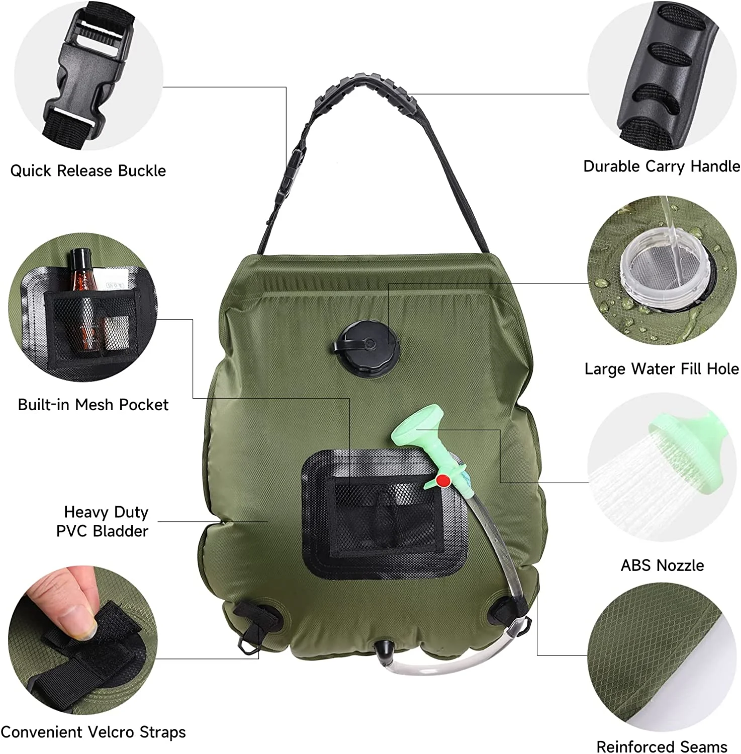 Solar Portable Shower Bag, 5 Gal/20L Solar Heating Camping Shower Bag with Removable Hose&On-Off Switchable Shower Head, Compact Camping Shower for Camping, Hiking, Traveling, Beach Swimming