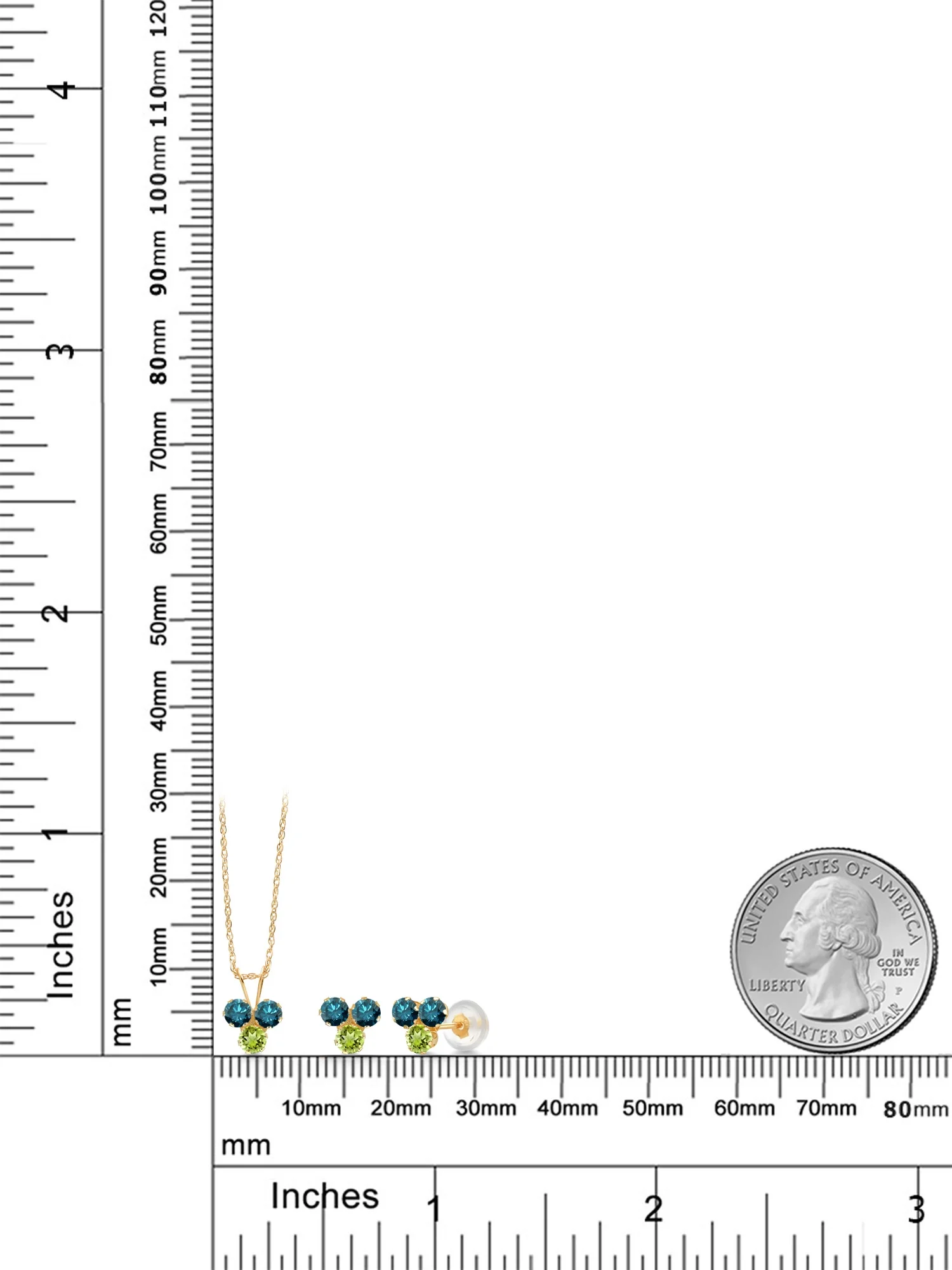 Gem Stone King 14K Yellow Gold Blue Diamond and Green Peridot 3 Stone Pendant and Earrings Jewelry Set For Women (0.96 Cttw, Round 3MM, with 18 inch Chain)