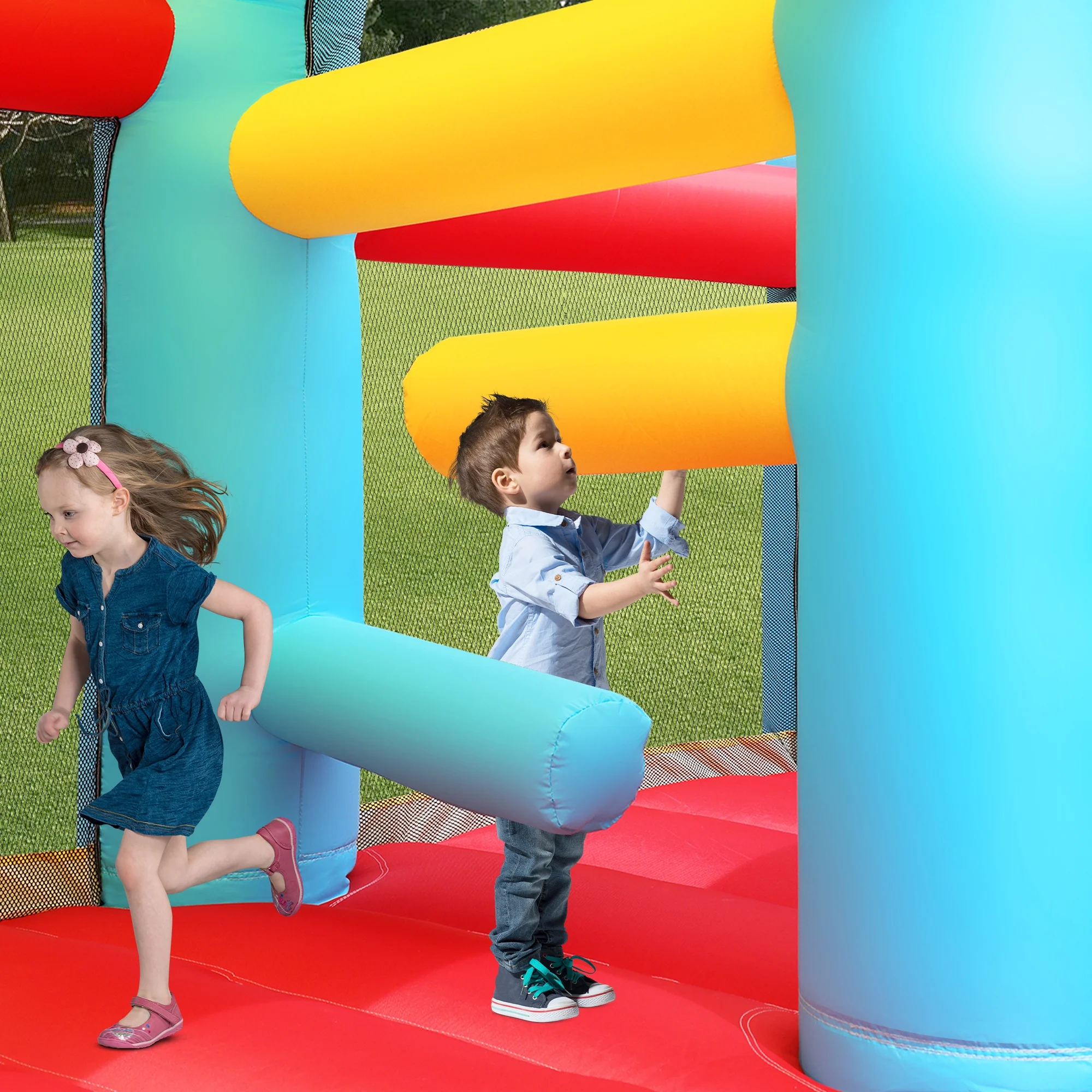 Inflatable Water Slide Jumper Bounce House for Kids Slide Park Jumping Castle Outdoor Fun, Playground Backyard Water Park Jump Slide Bouncer with Splash Pool & Basketball Rim Heavy Duty Blower