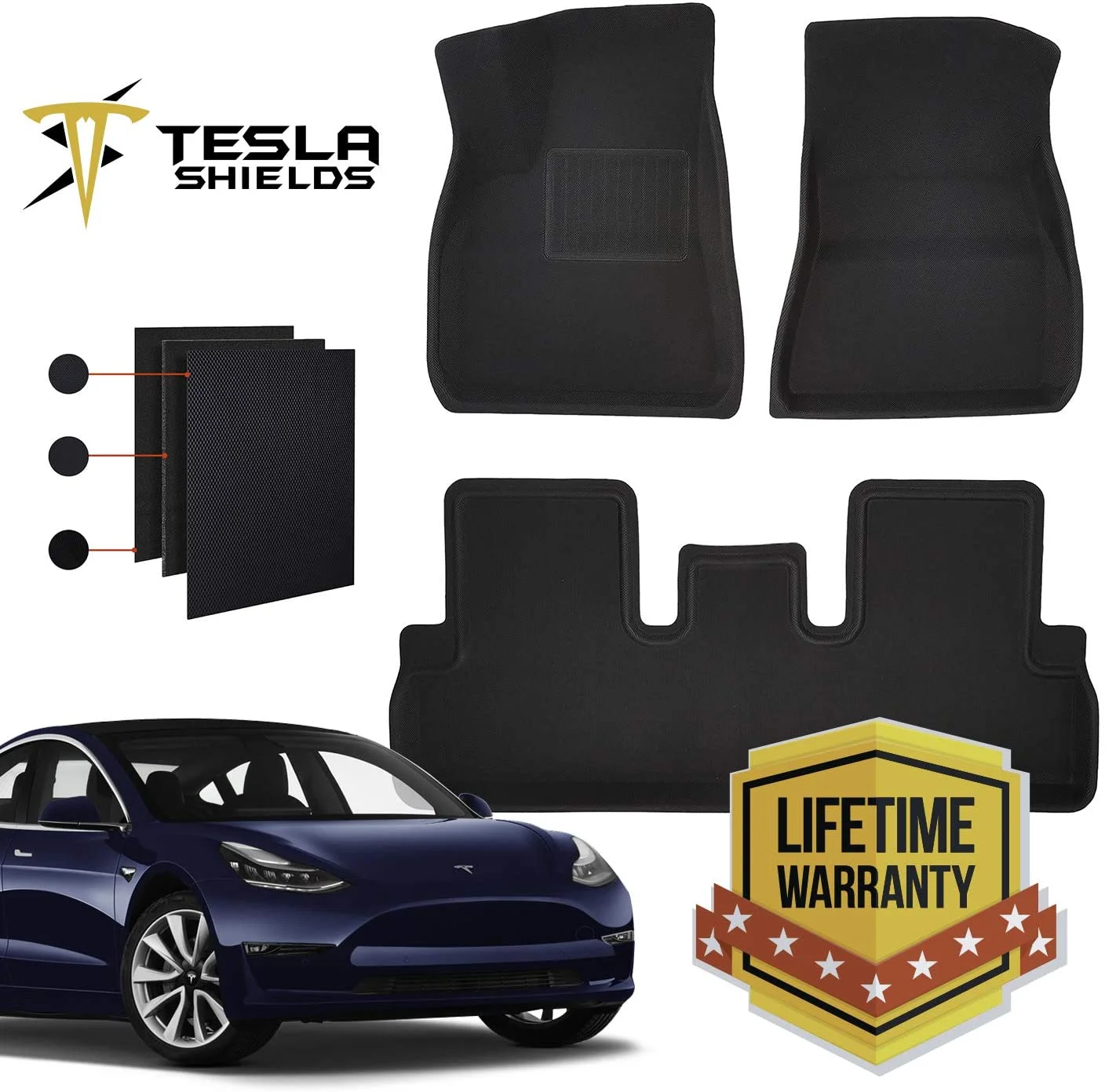 Teslashields Inside Custom Fit All-weather Floor Mats Set For Tesla Model 3 (2017-2019) Interior Floor Liners Protection Waterproof & Stain-Resistant Floor Mat