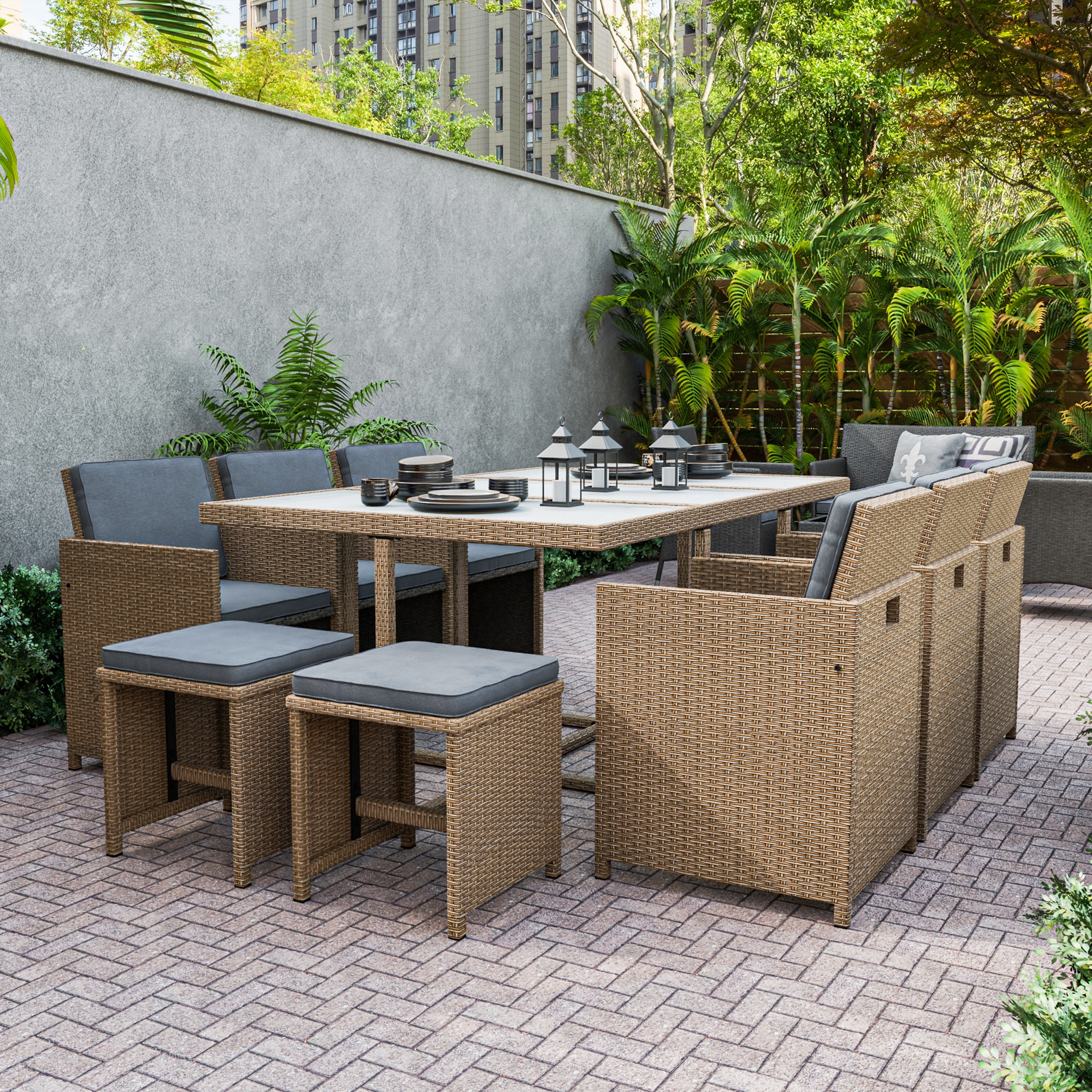 Muse & Lounge Co Liyana Compact Wicker & Glass 11-Piece Outdoor Dining Set by M&L Co. Natural