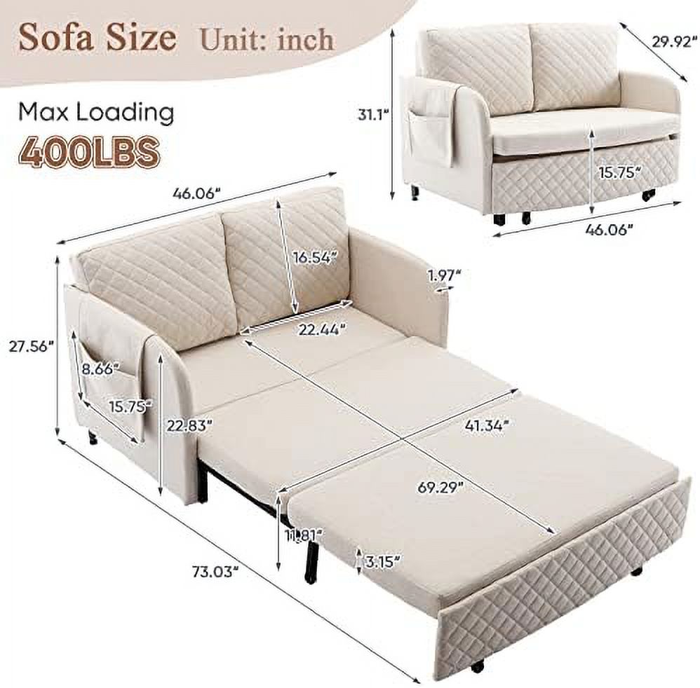 GEROBOOM Sleeper Sofa Bed  46-inch Modern Linen Loveseat Sleeper Sofa Couch with Pull-Out Bed  Small Love seat Sofa Single Bed with  Detachable Side Pocket for Living Room  Office  Grey