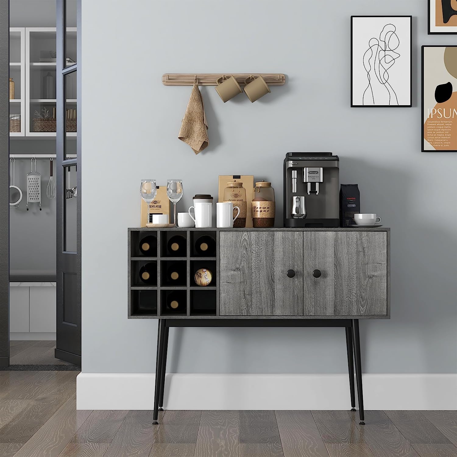 HBBOOMLIFE Coffee  Cabinet 9-Bottle Wine Rack and Adjustable   Sideboard Buffet Cabinet Wine Cabinet for Living Room