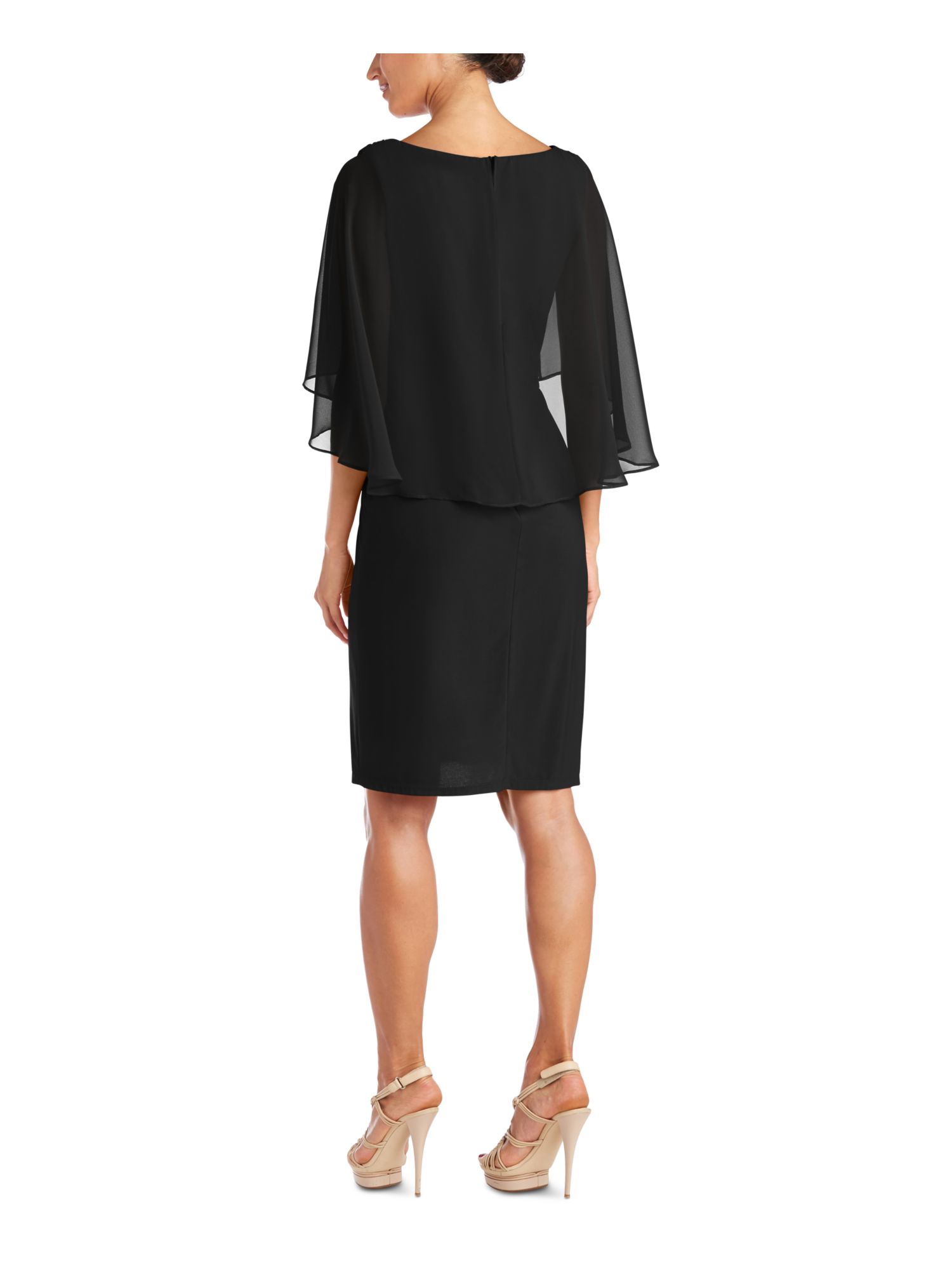 R&M RICHARDS Womens Black Embellished Zippered Draped At Front Bell Sleeve V Neck Knee Length Evening Fit + Flare Dress 8