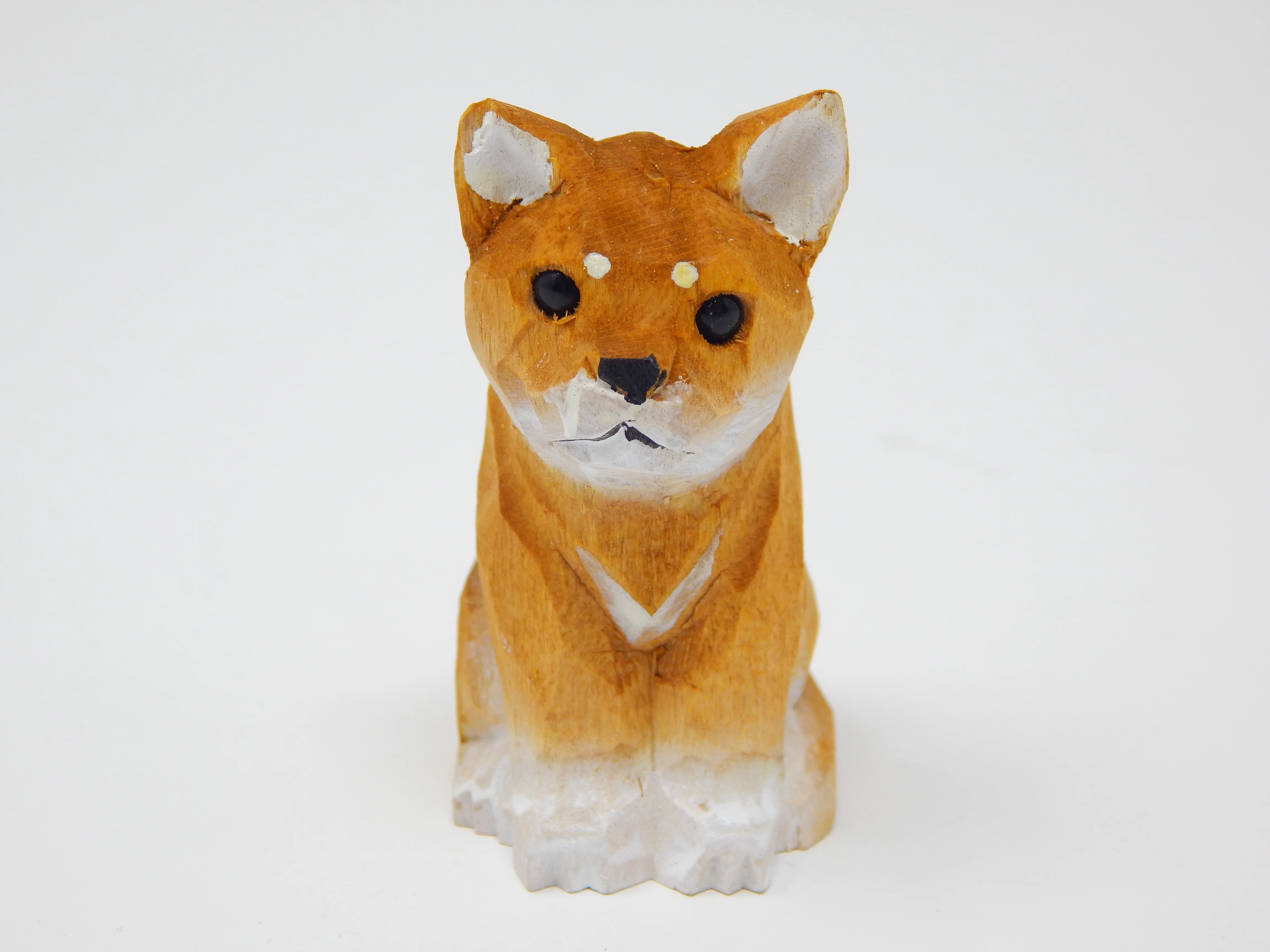 Dog Puppy Figurine - Miniature 2 Inch, Wooden, Carving, Hand-Made, Home Decor, Small Animals, Toy, Pet Canine Hound (Shiba Inu)