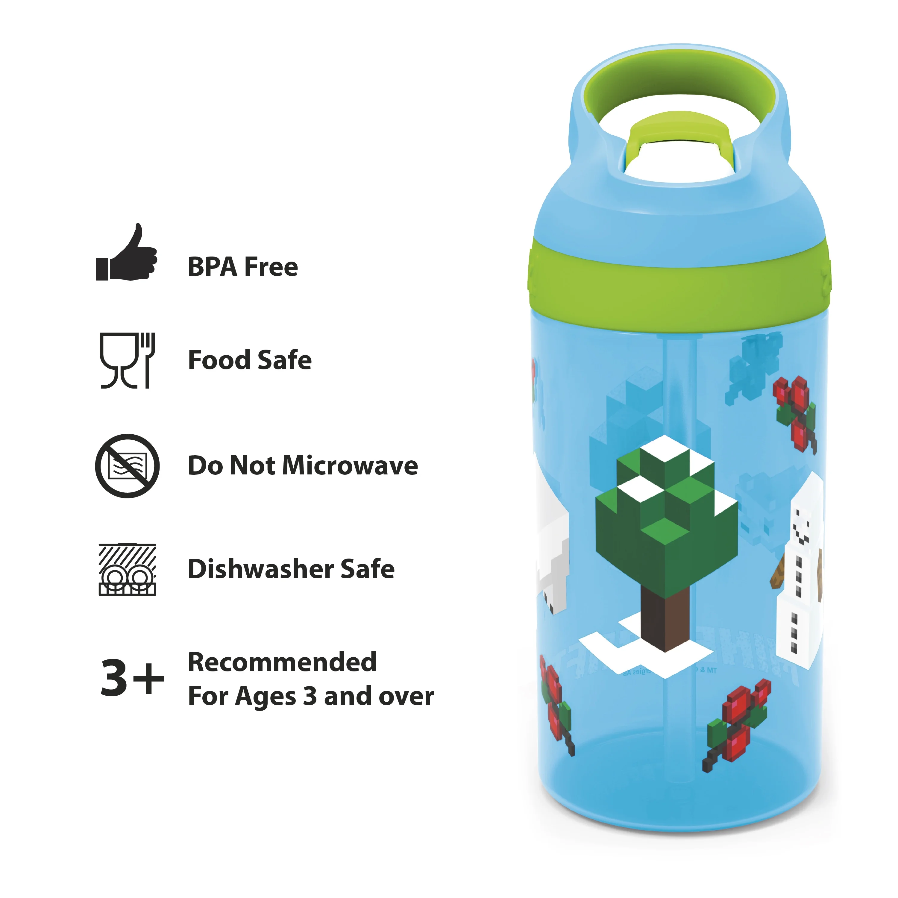 Zak Designs 16oz Minecraft Kids Durable Plastic Water Bottle with Straw and Built in Carrying Loop, Leak-Proof, Minecraft Characters