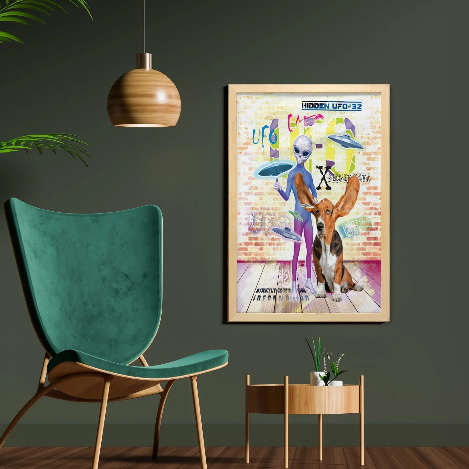 Outer Space Wall Art with Frame, Alien and Dog with Giant Ears Vivid UFO Writing Grungy Brick Wall, Printed Fabric Poster for Bathroom Living Room, 23