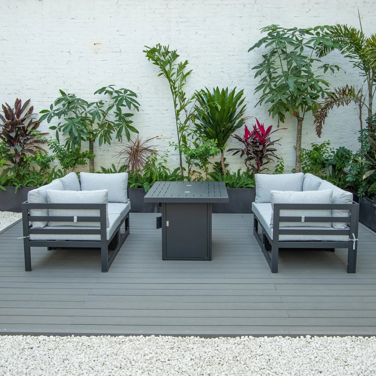 Maykoosh Art Nouveau Allure 5-Piece Sectional Loveseat and Fireplace Set Black Aluminum with Cushions