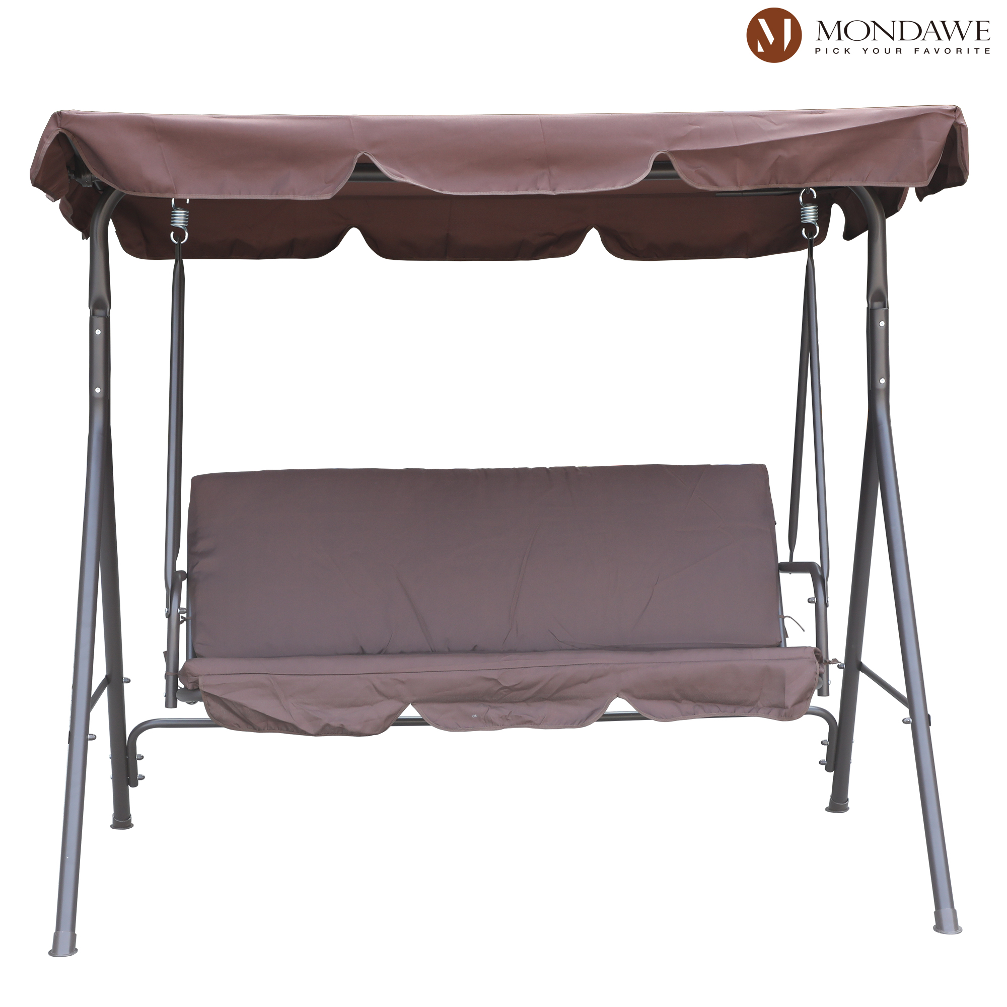 Mondawe 3-Persons Porch Swings Outdoor with Canopy, Freestanding Patio Swing Chair for Adults, Coffee