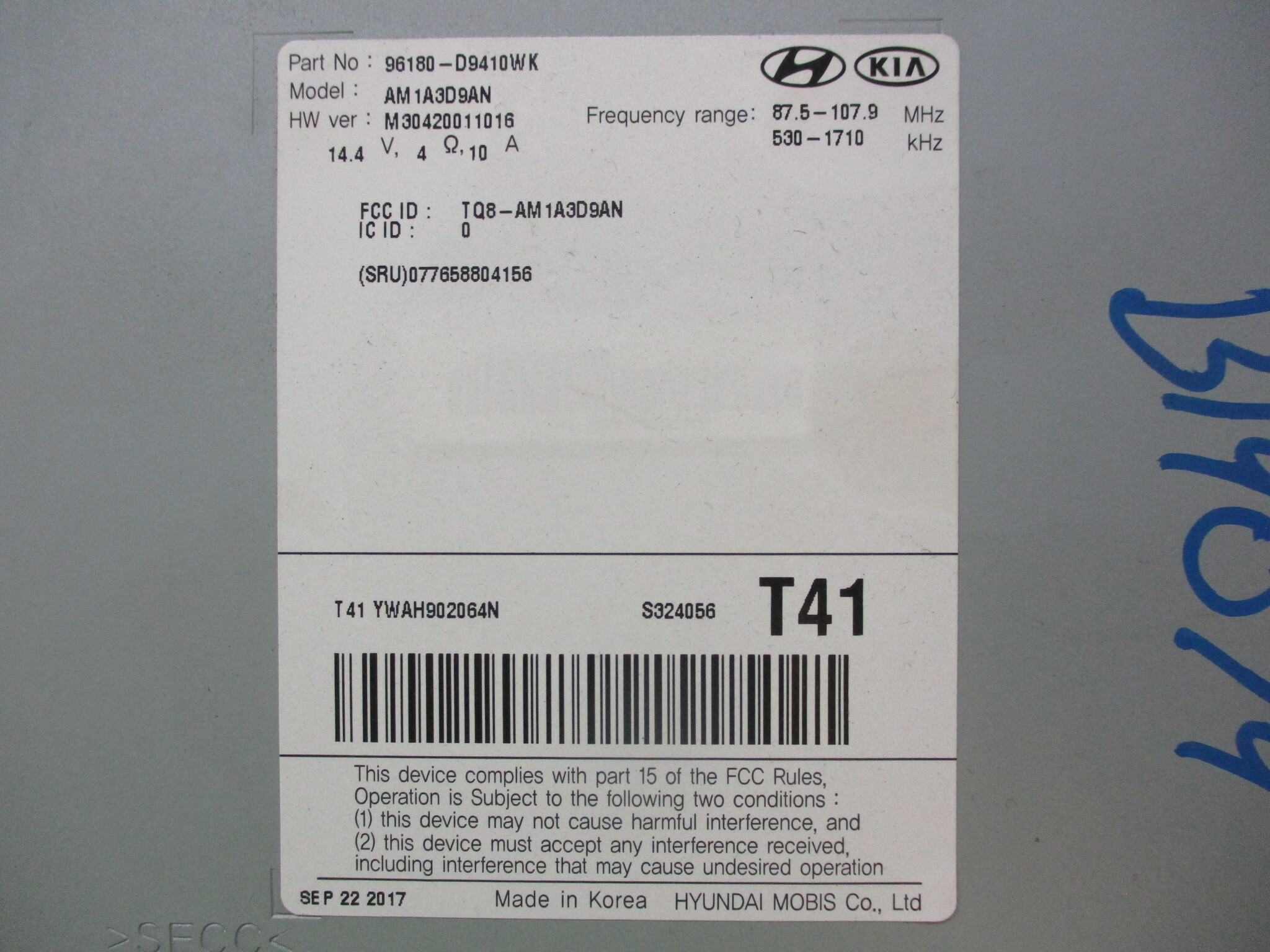 Pre-Owned 17 18 19 Kia Sportage CD Player Satellite Radio Receiver Head Unit OEM AM1A3D9AN (Good)