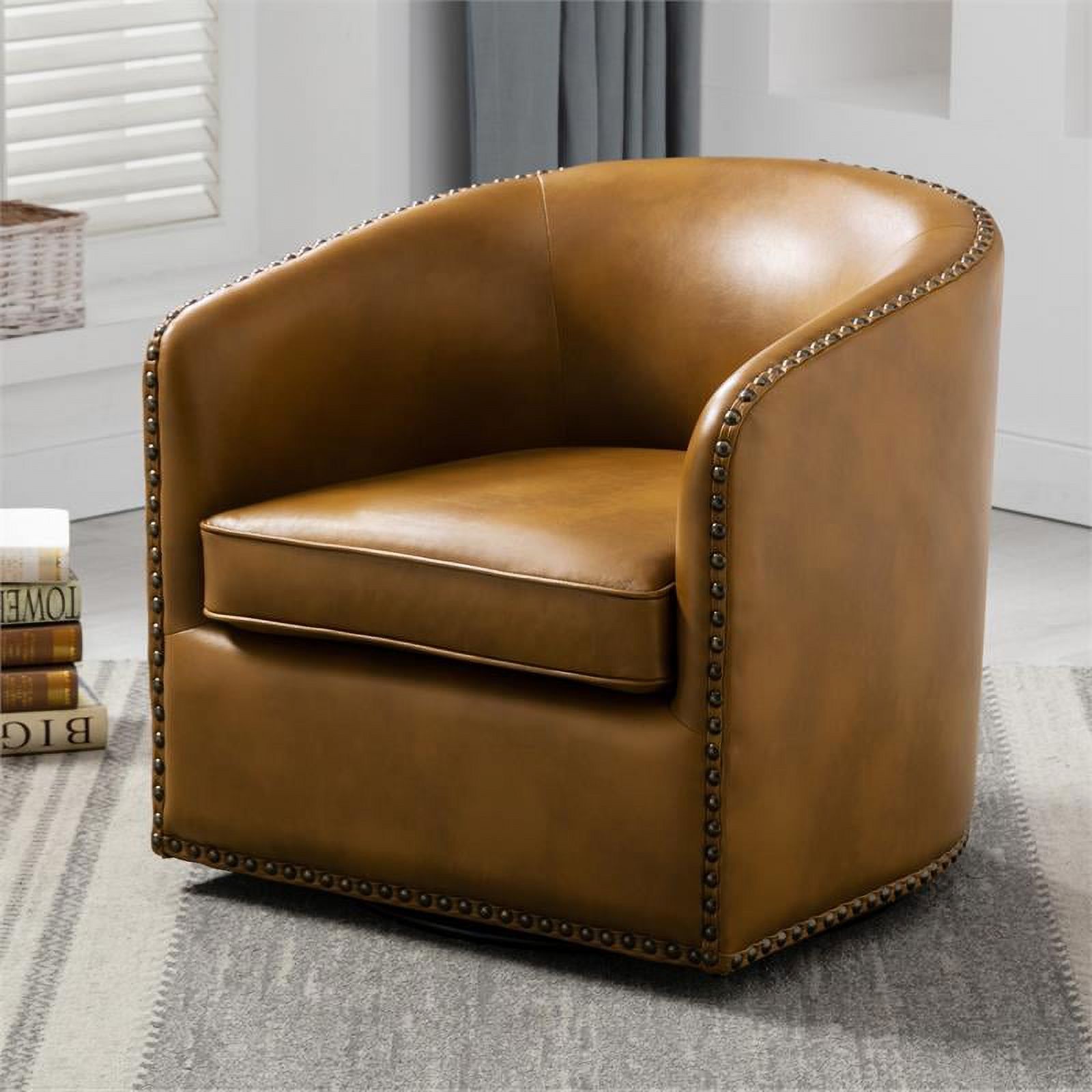 Pemberly Row Camel Brown Faux Leather Swivel Arm Chair with Nailhead Trim